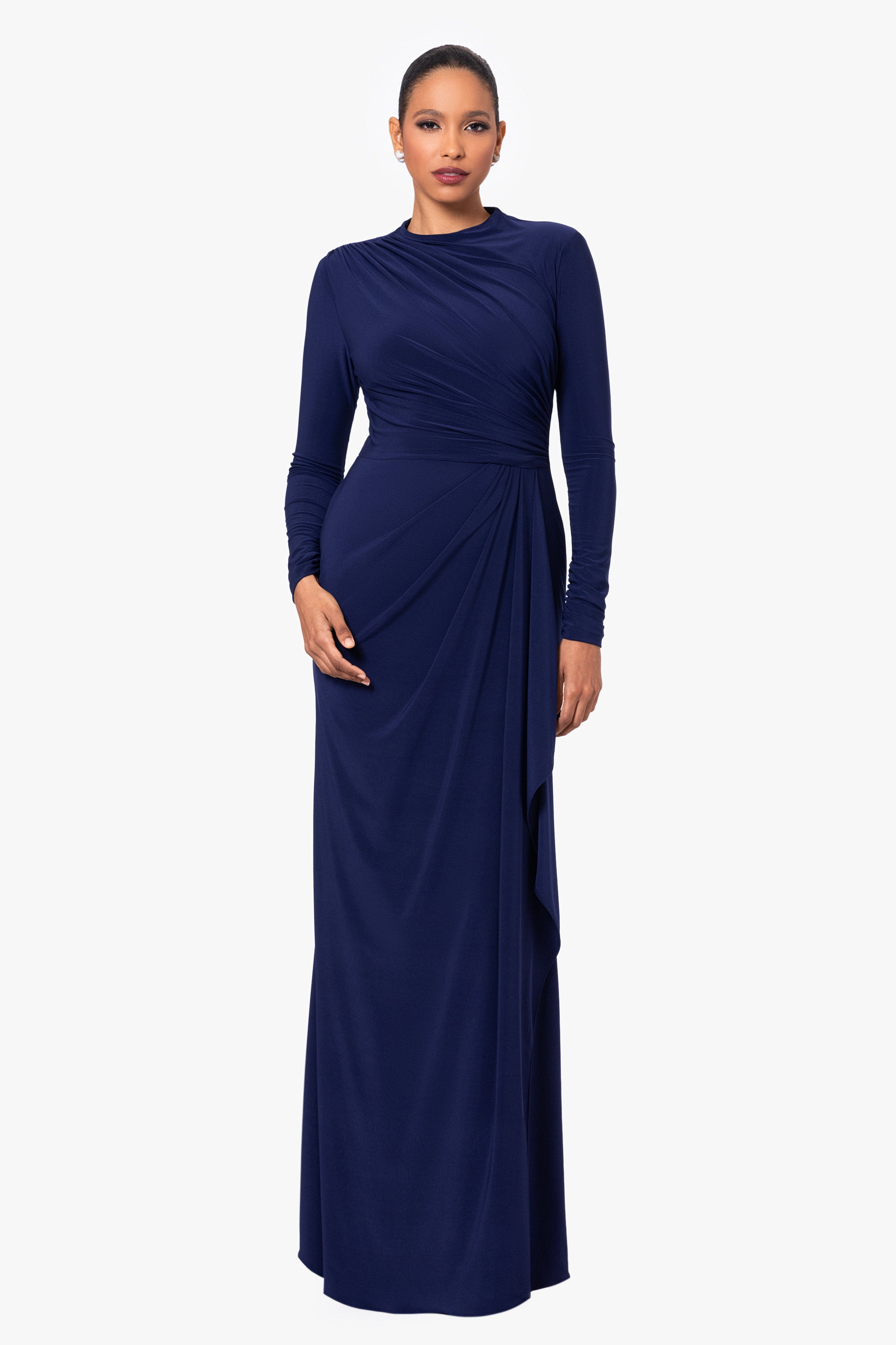 "Jeanette" Long Sleeve Stretch Knit Side Ruffle Dress