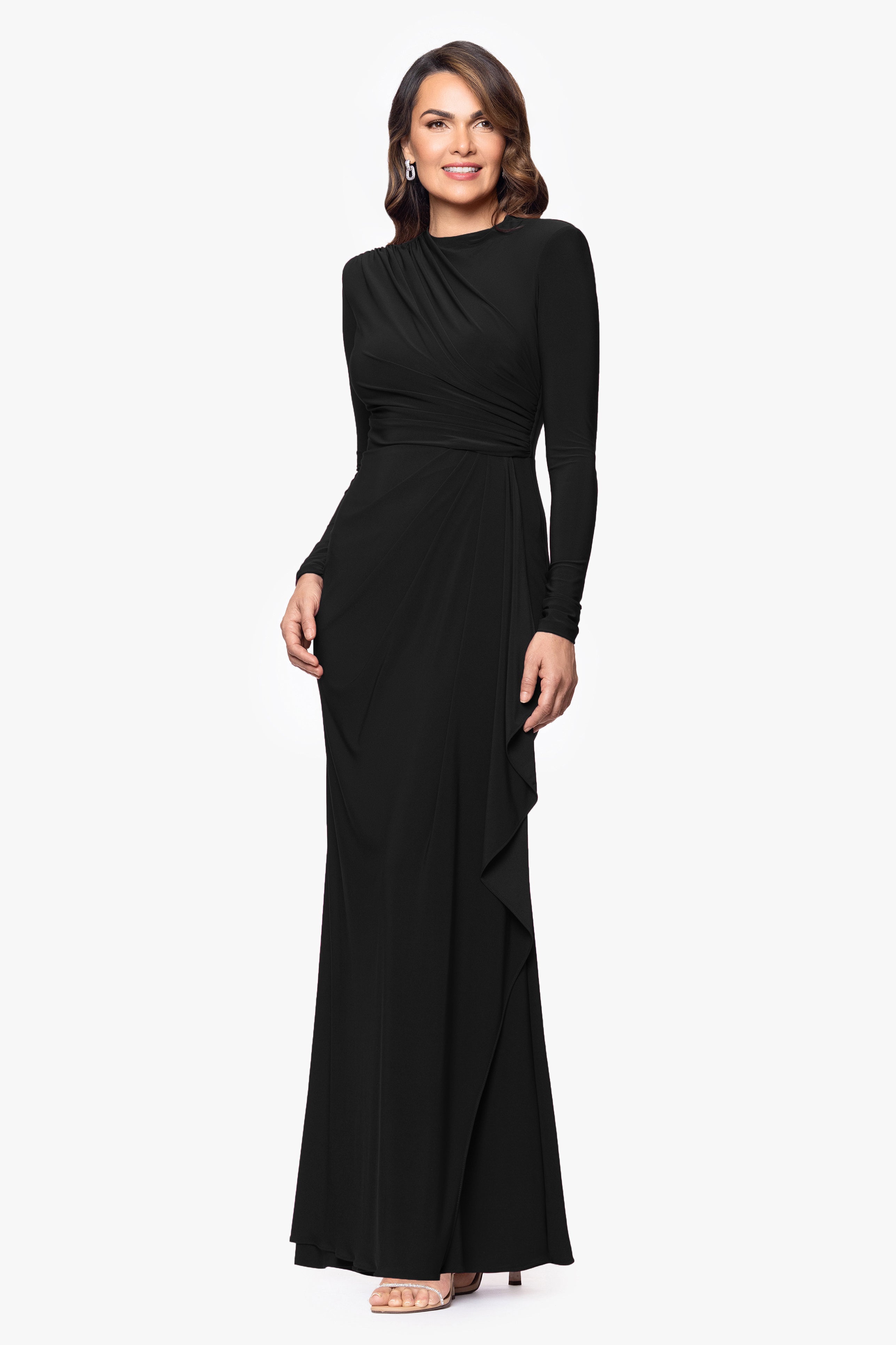 "Jeanette" Long Sleeve Stretch Knit Side Ruffle Dress