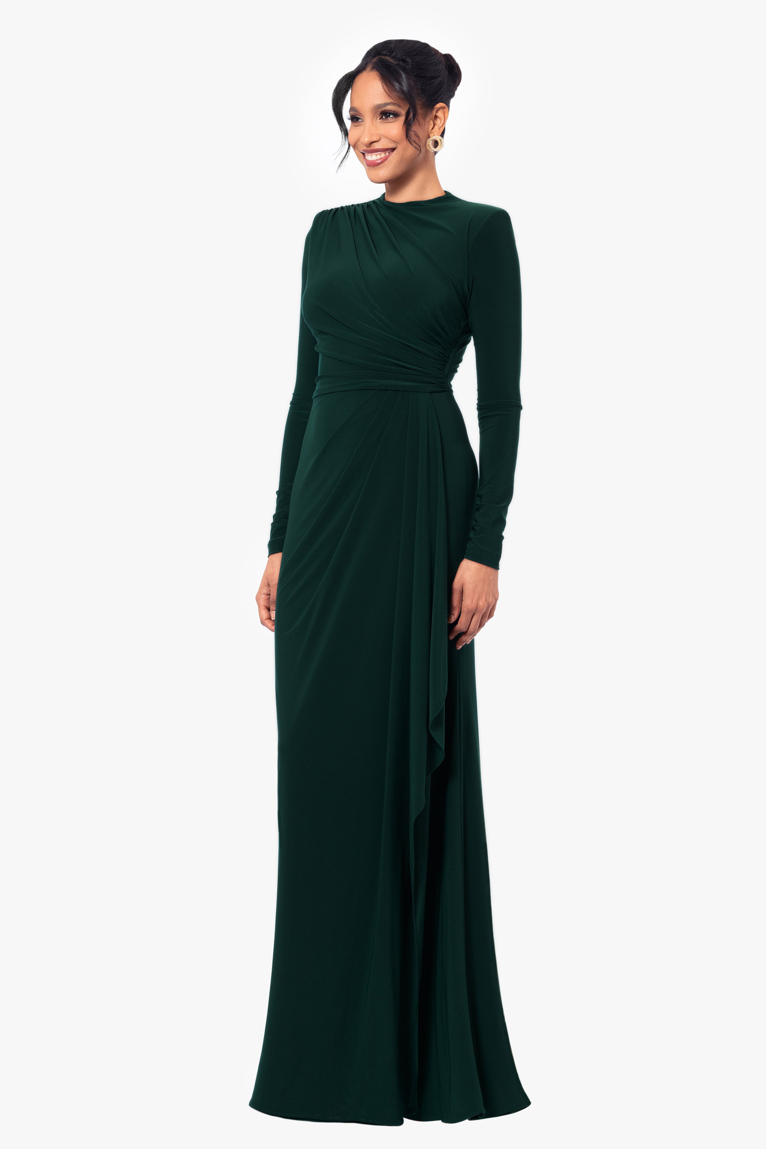 "Jeanette" Long Sleeve Stretch Knit Side Ruffle Dress