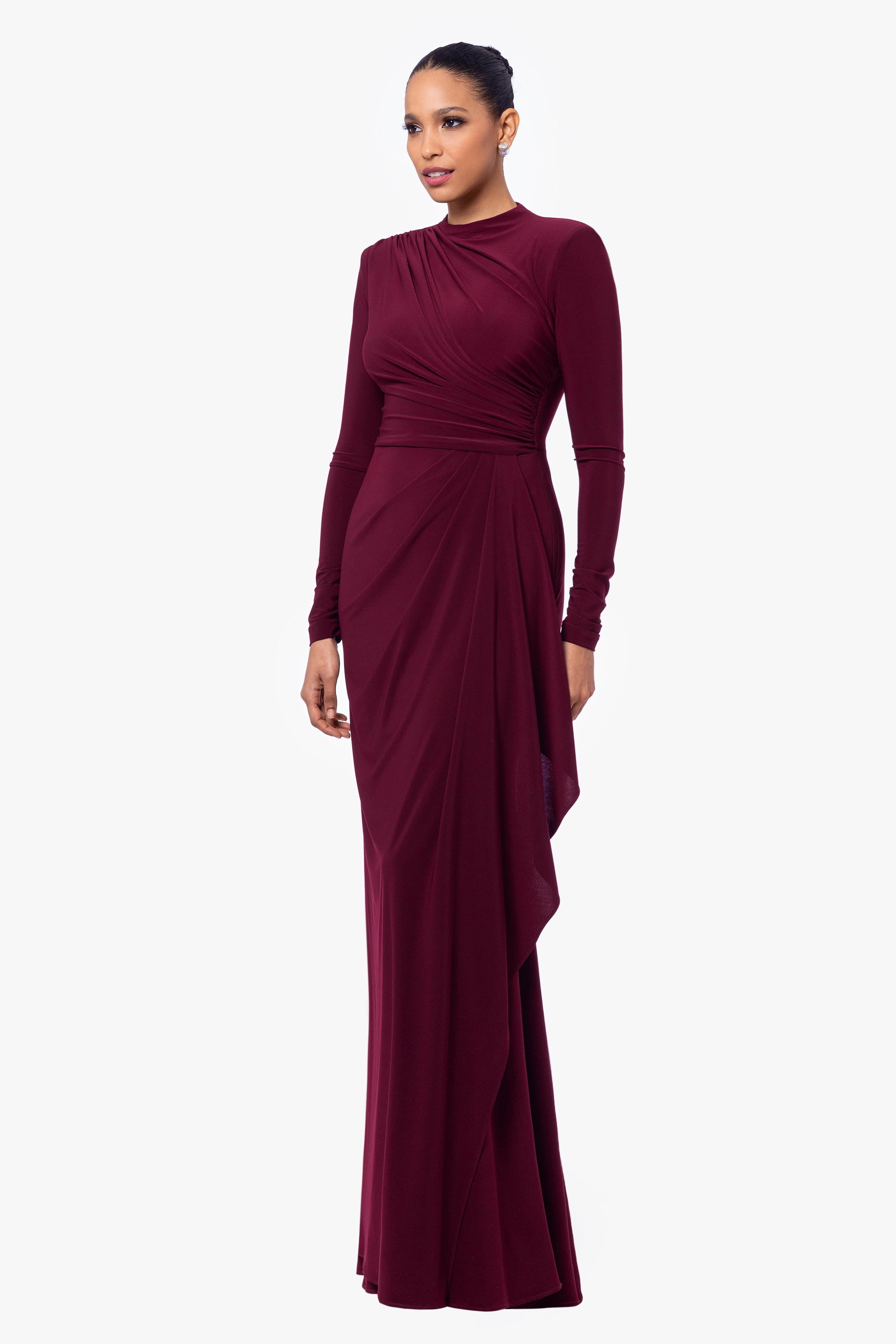 "Jeanette" Long Sleeve Stretch Knit Side Ruffle Dress