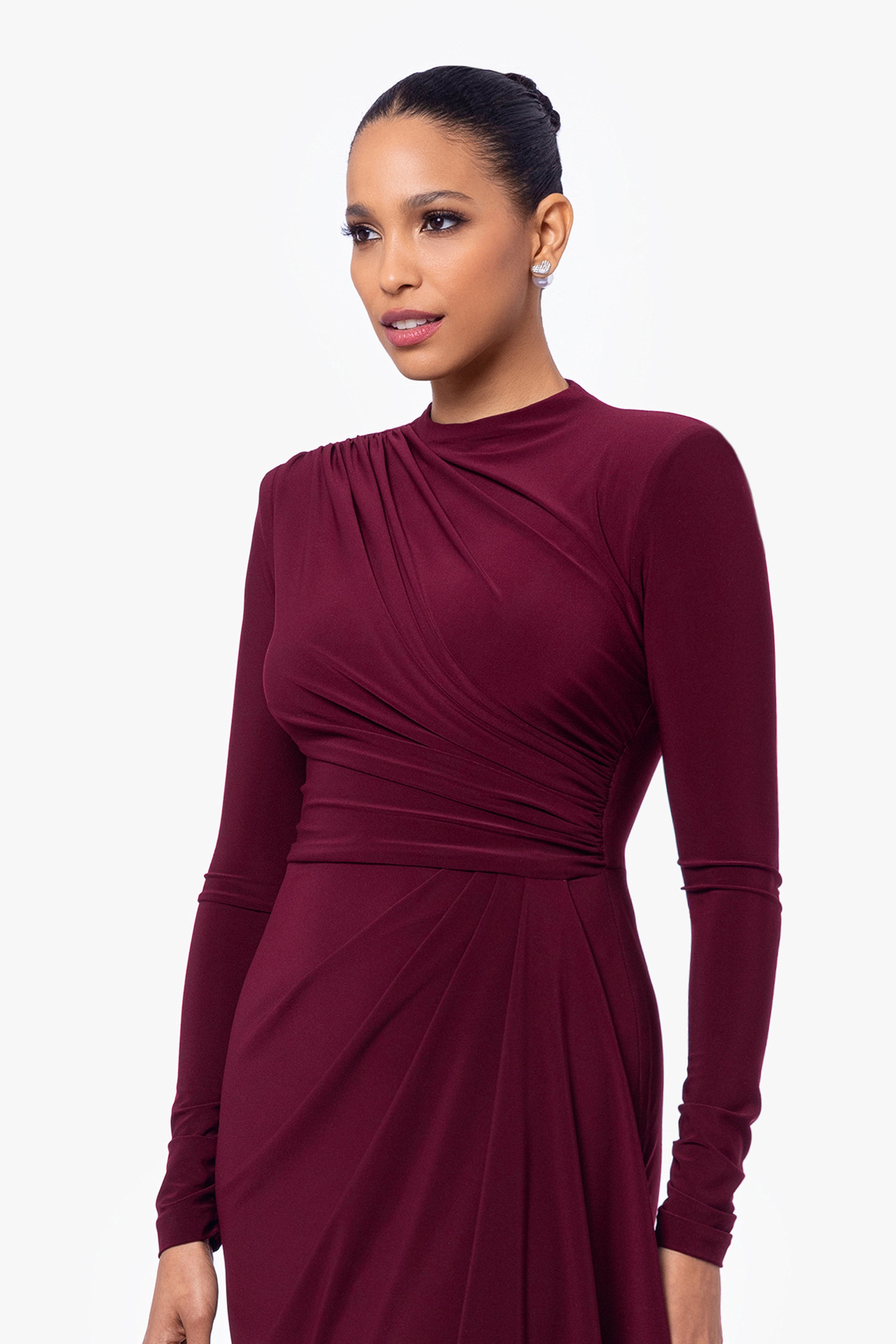 "Jeanette" Long Sleeve Stretch Knit Side Ruffle Dress