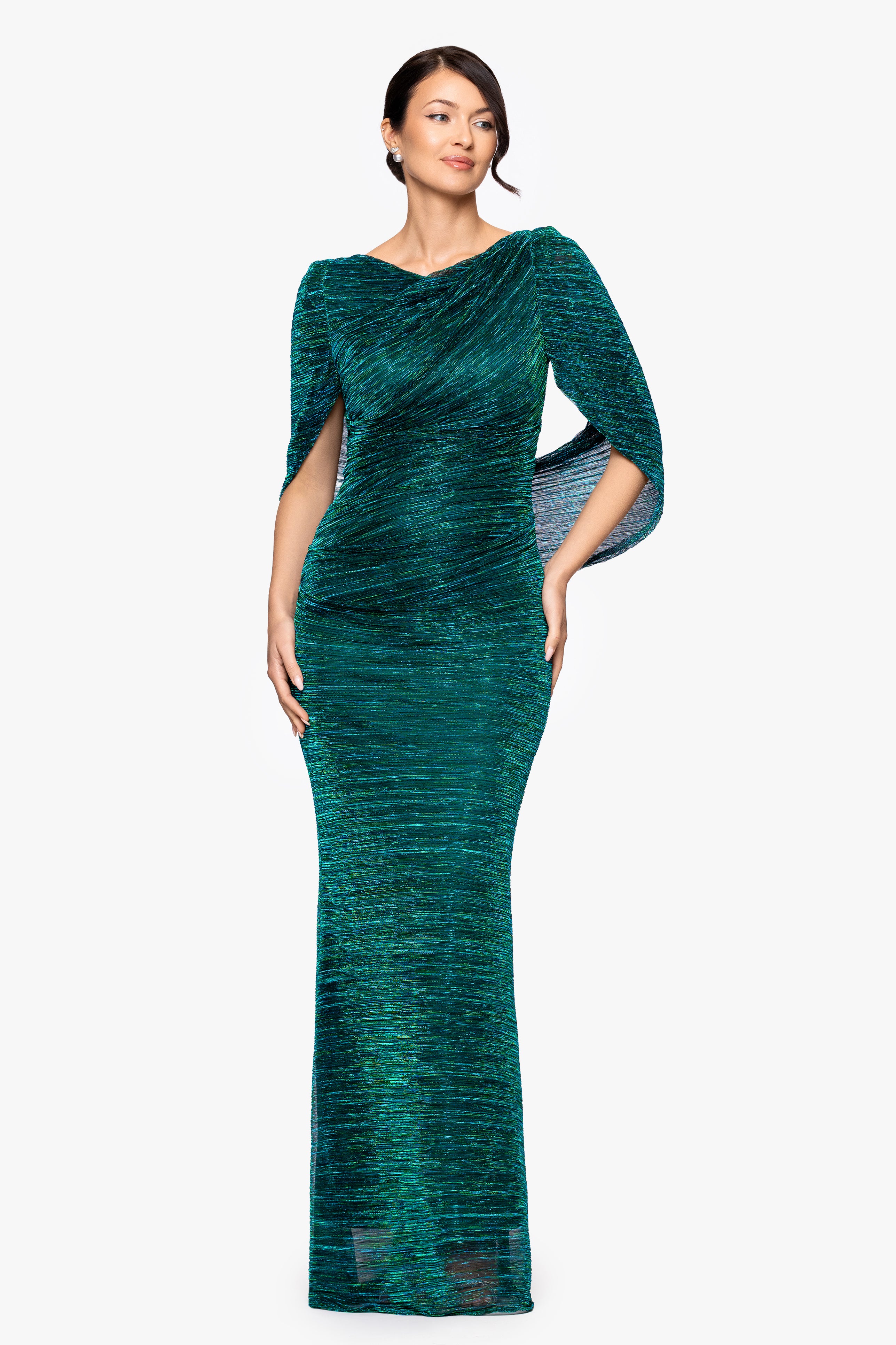 "Tamsin" Long Metallic Knit Long Sleeve Drape Dress
