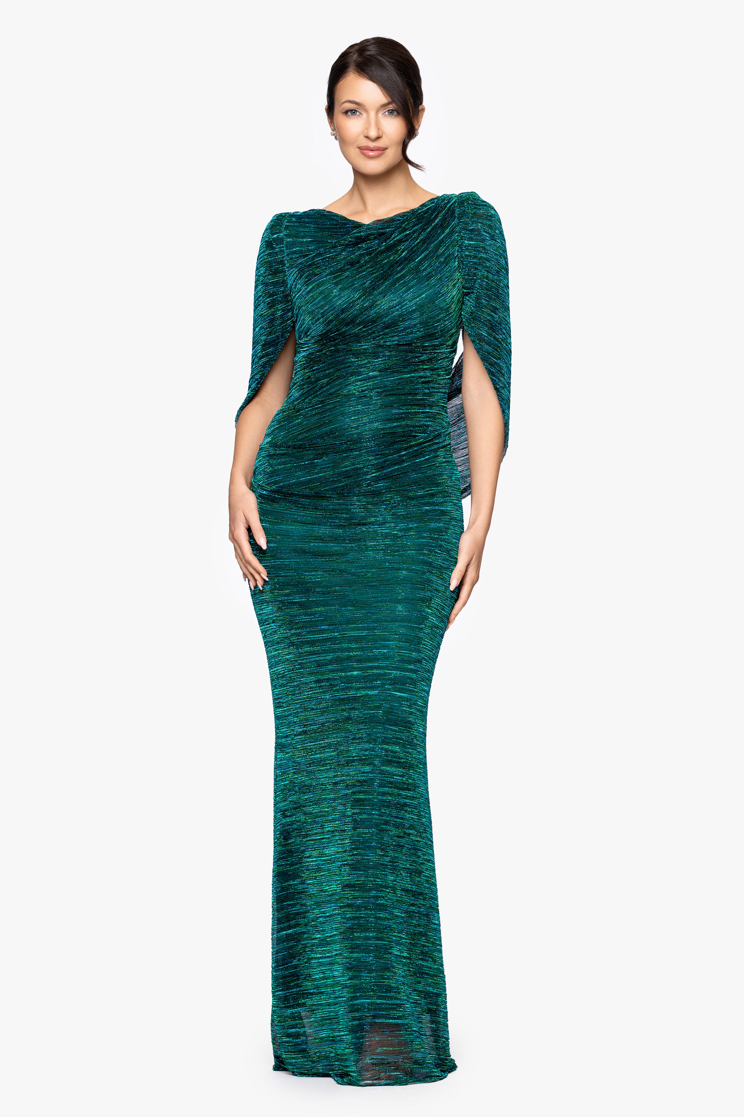 "Tamsin" Long Metallic Knit Long Sleeve Drape Dress