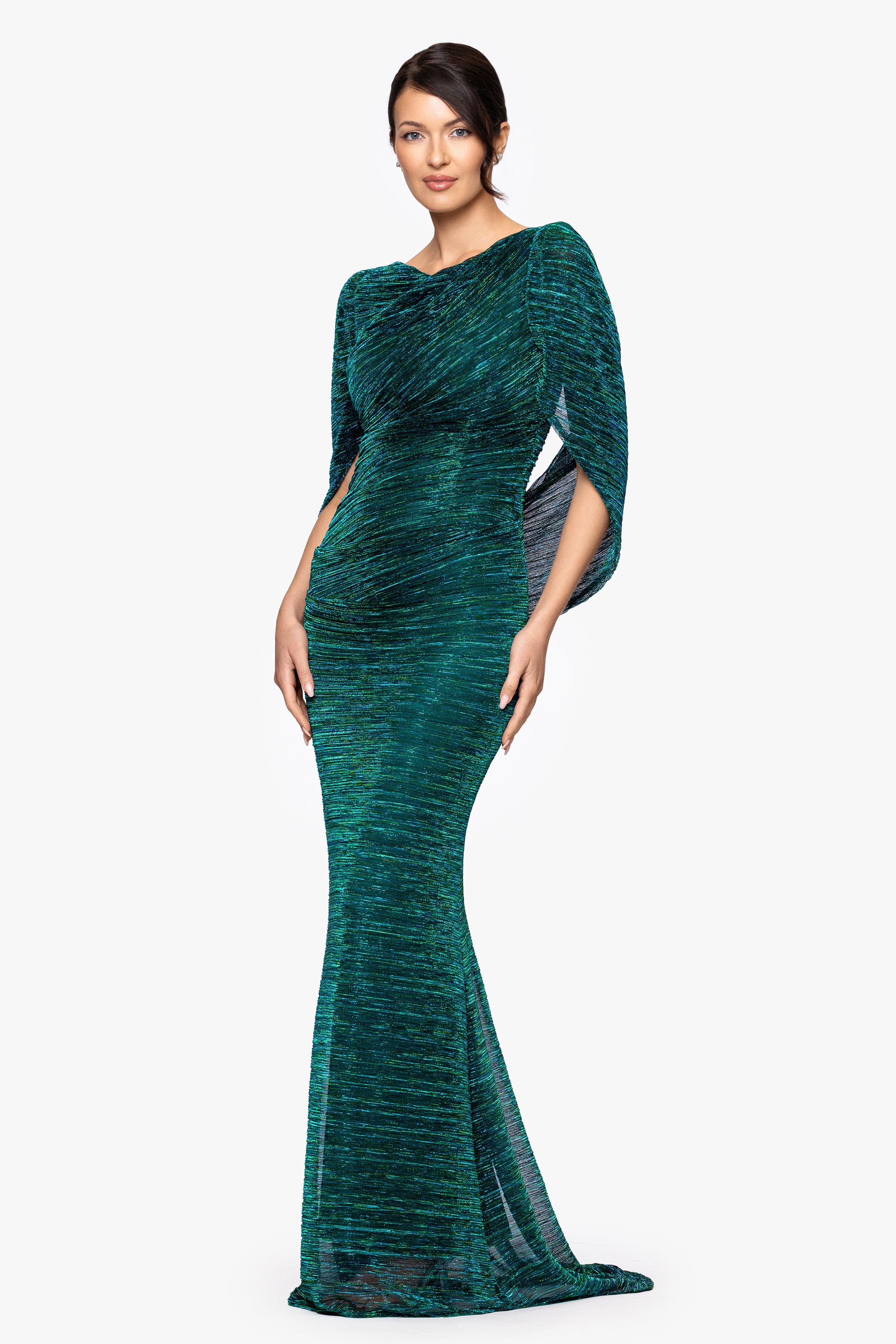 "Tamsin" Long Metallic Knit Long Sleeve Drape Dress