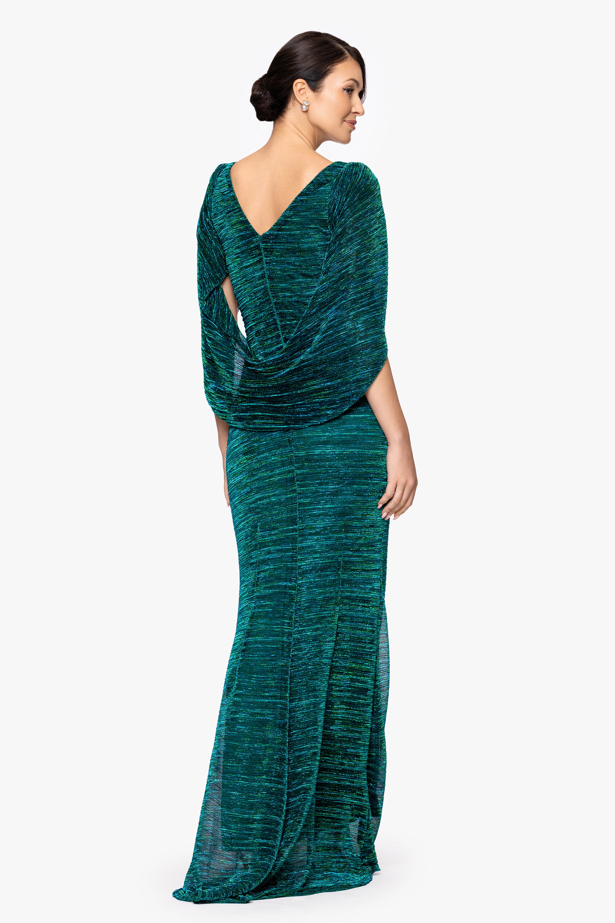 "Tamsin" Long Metallic Knit Long Sleeve Drape Dress