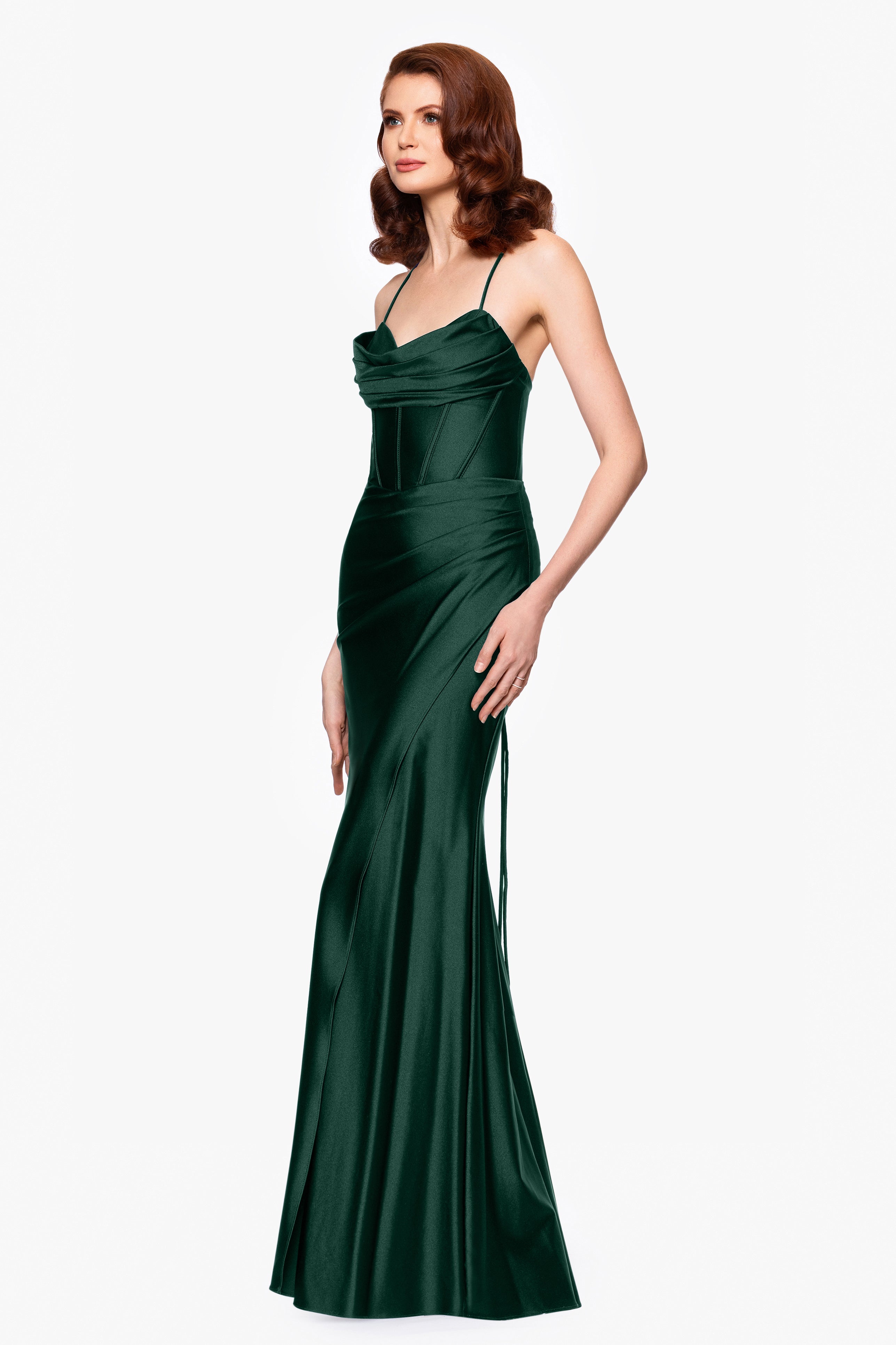 "Talia" Long Sateen Corset Lace Up Back Dress