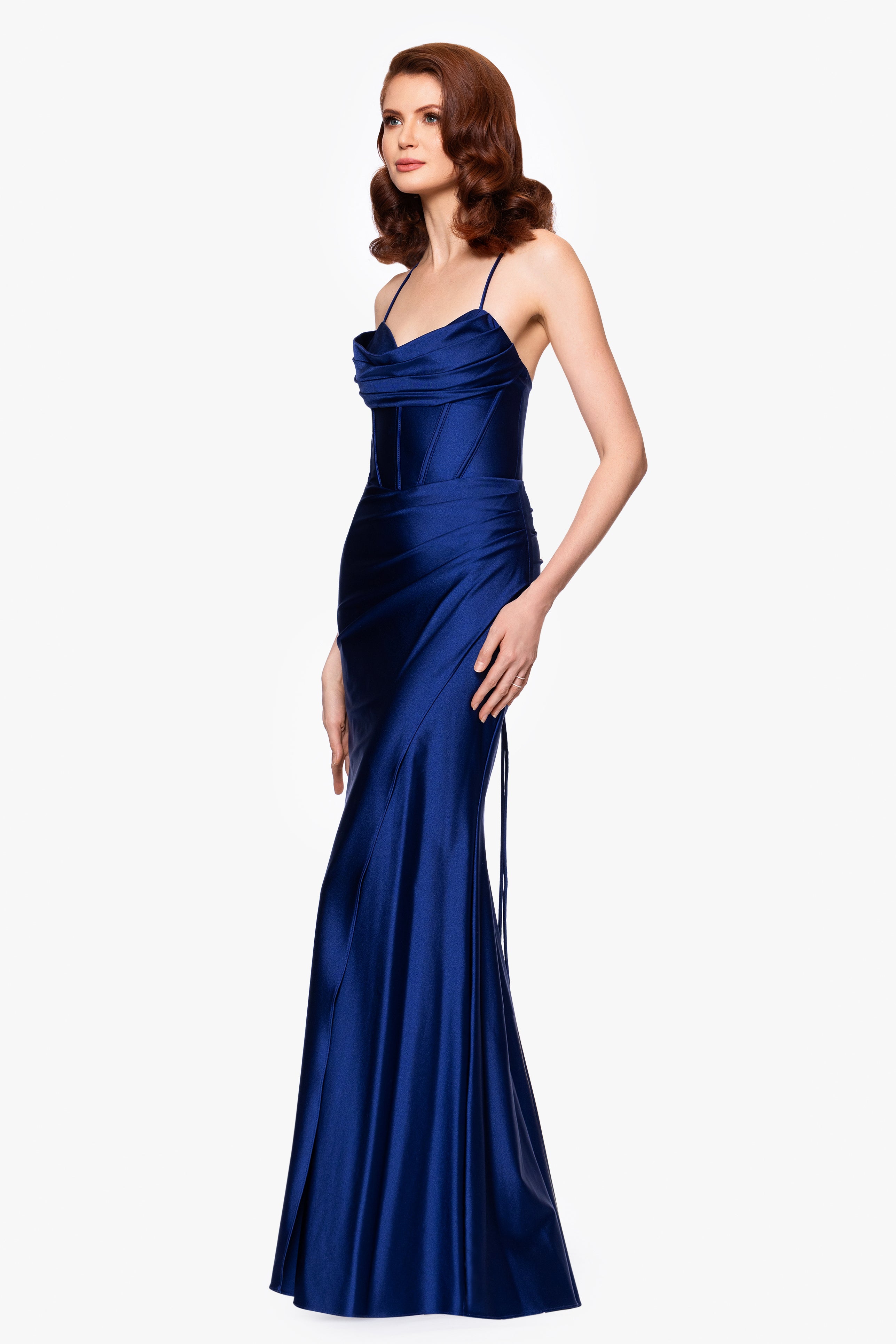 Petite "Talia" Long Sateen Corset Lace Up Back Dress