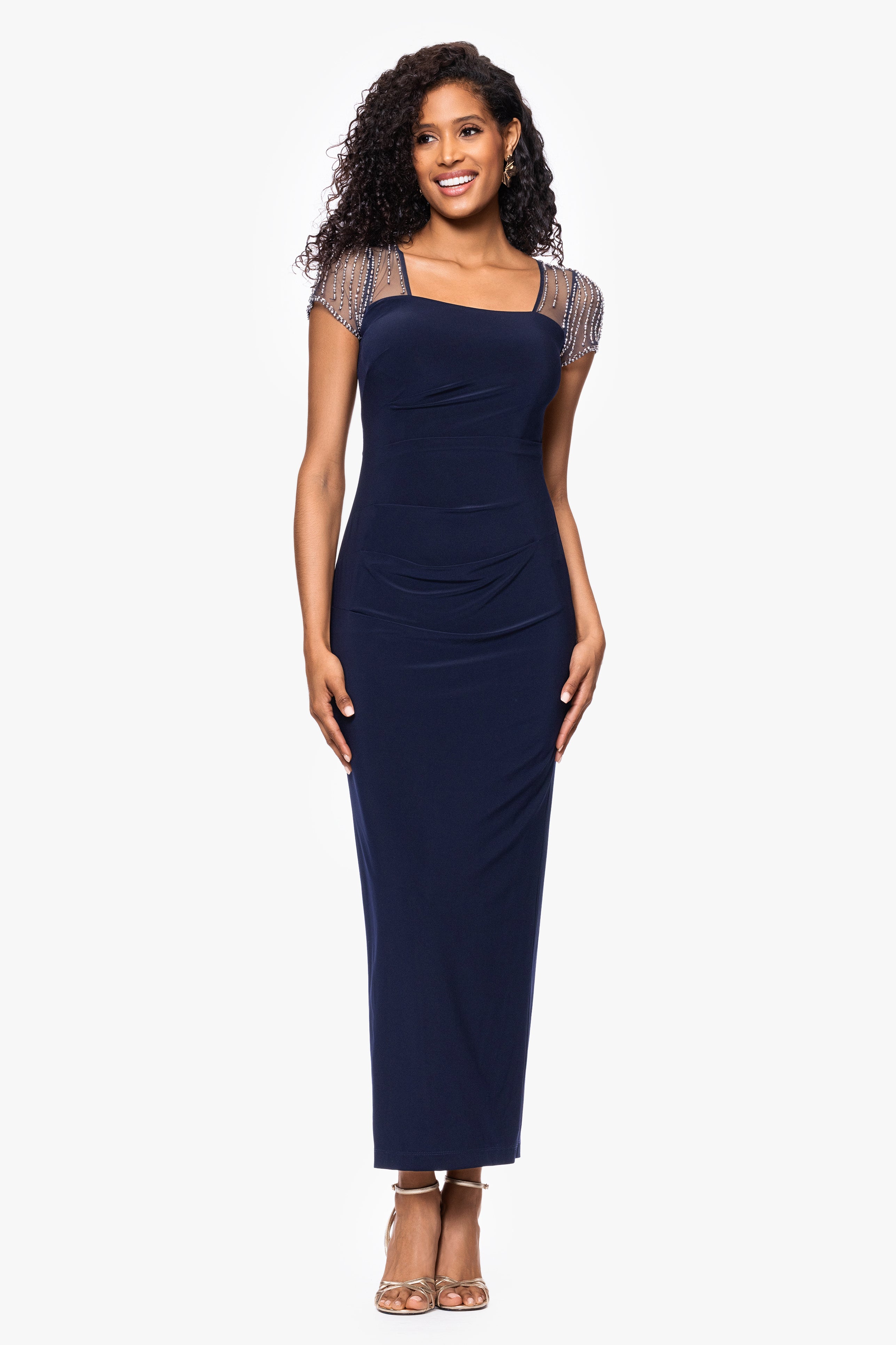 "Lilibeth" Flutter Sleeve Long Jersey Knit Dress