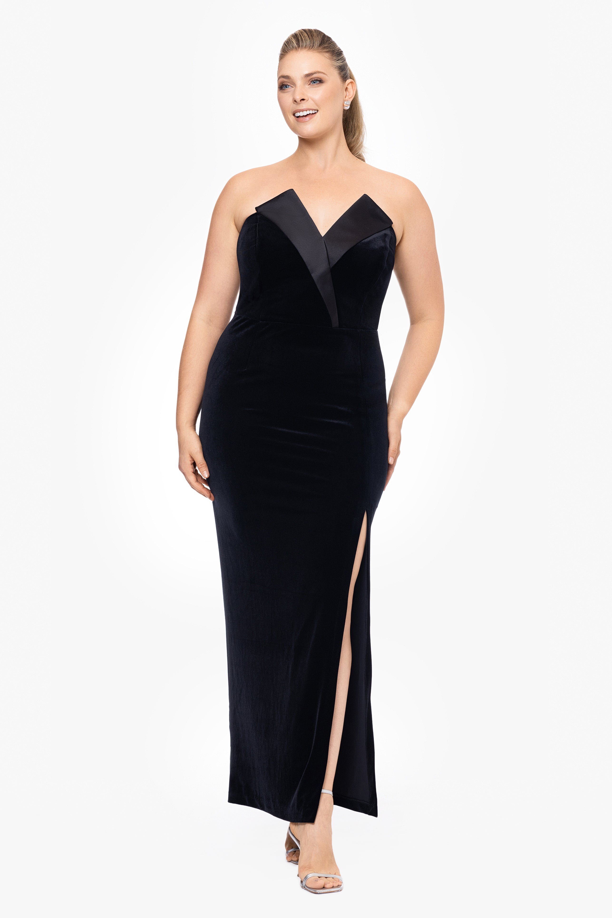 Plus "Liliana" Long Velvet Strapless Tuxedo Dress
