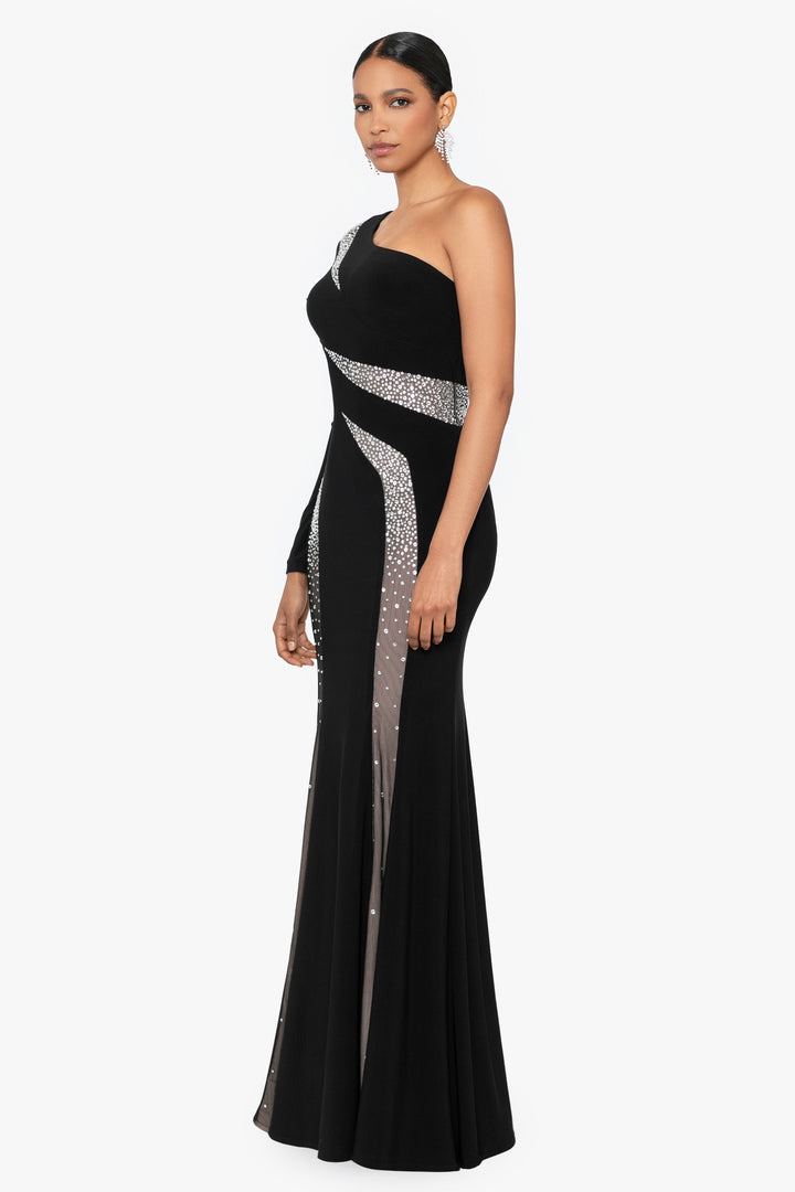 "Tal" Long One Shoulder Beaded Cut Out Dress