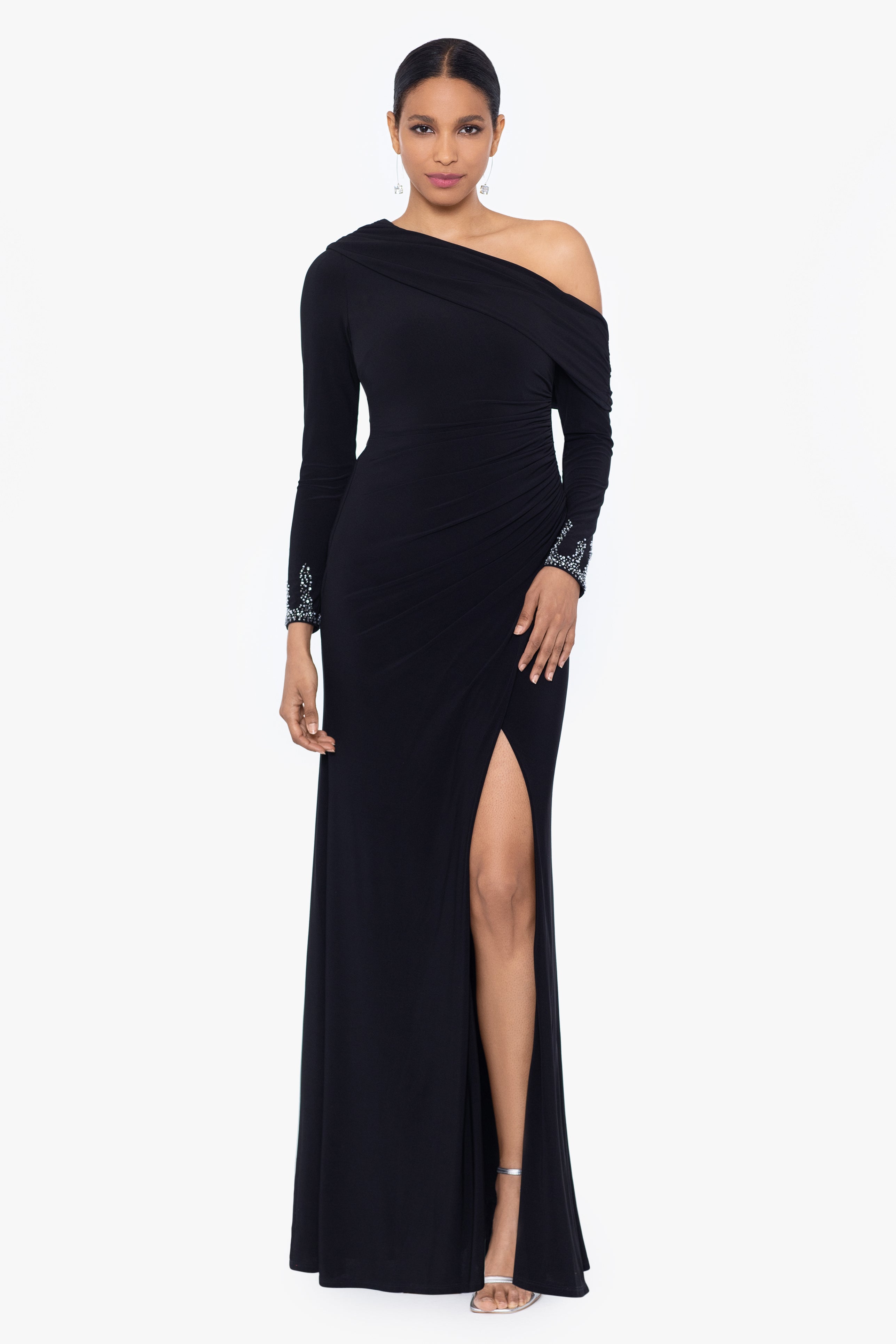 "Briar" Jersey Knit Off Shoulder Overlay Beaded Dress