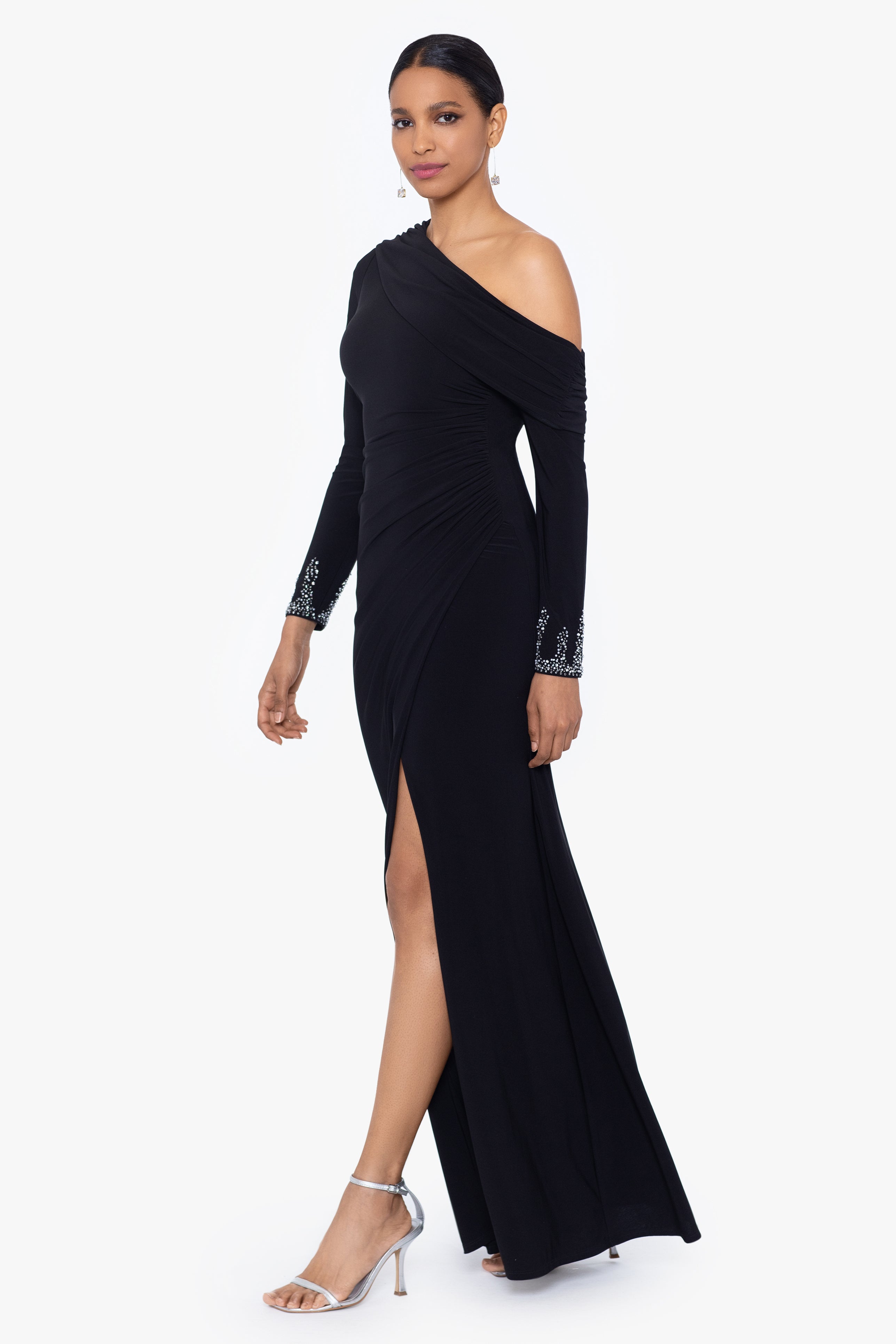 "Briar" Jersey Knit Off Shoulder Overlay Beaded Dress