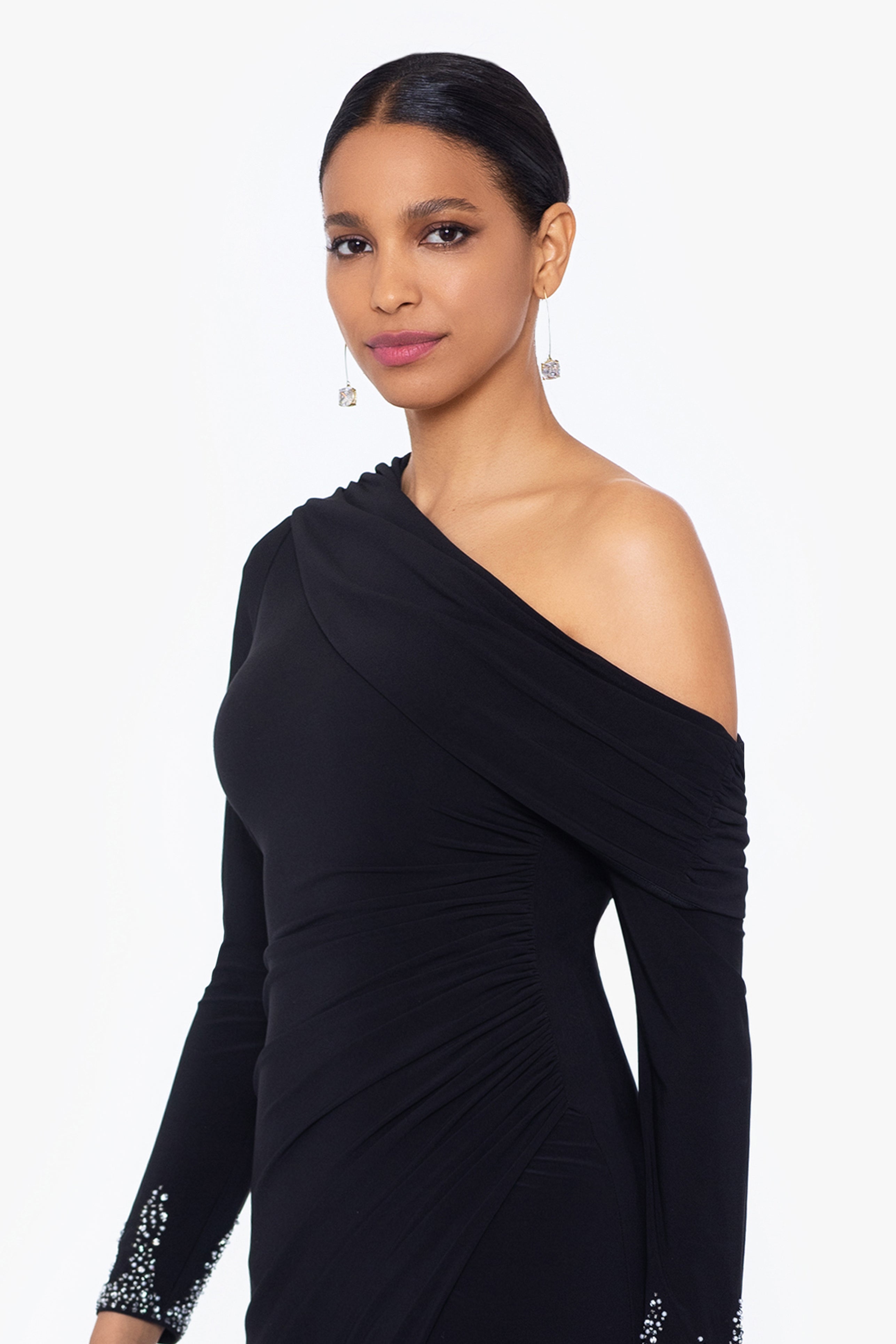 "Briar" Jersey Knit Off Shoulder Overlay Beaded Dress