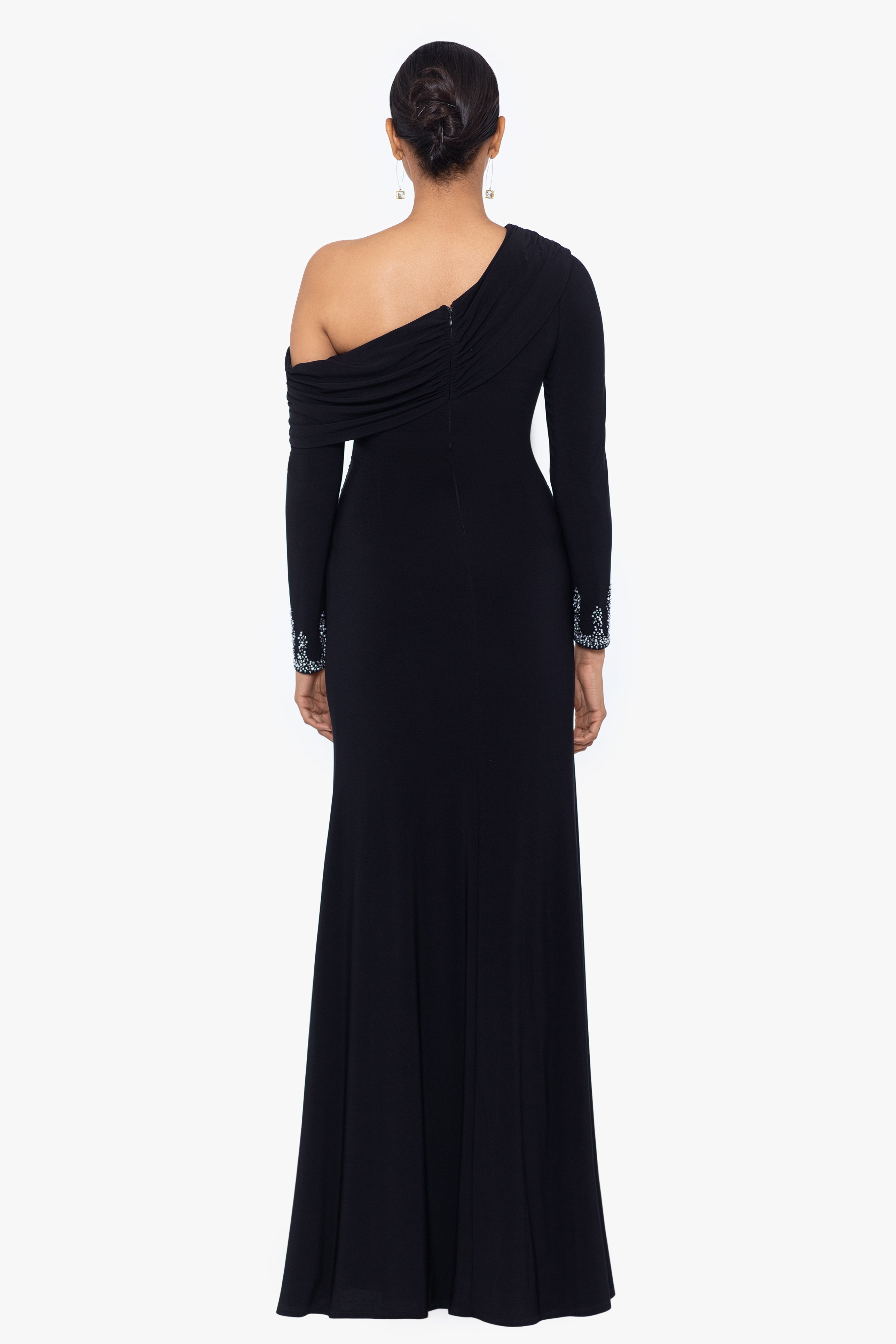 "Briar" Jersey Knit Off Shoulder Overlay Beaded Dress