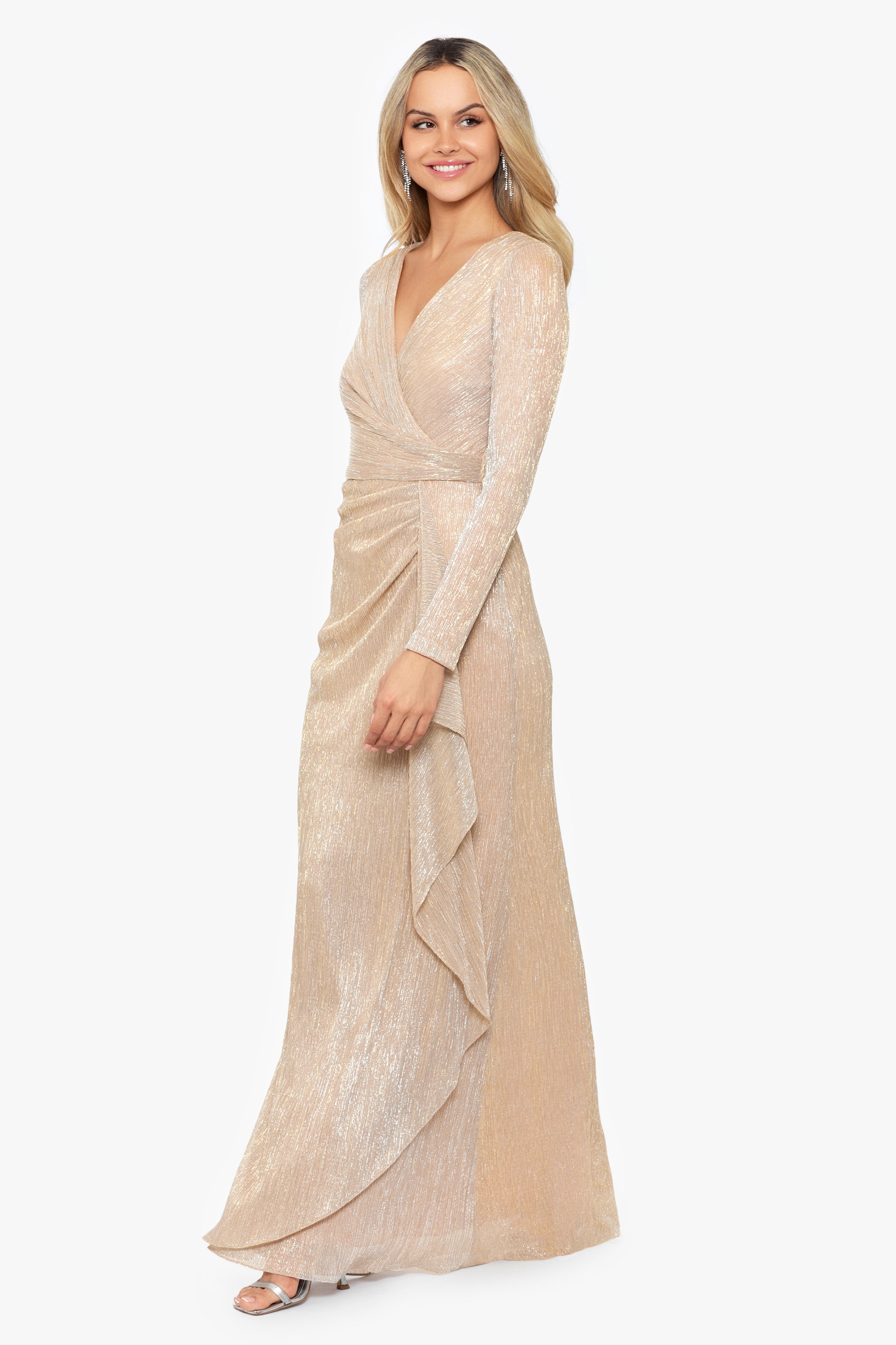 "Maggie" Long Pleated Metallic V-Neck Dress