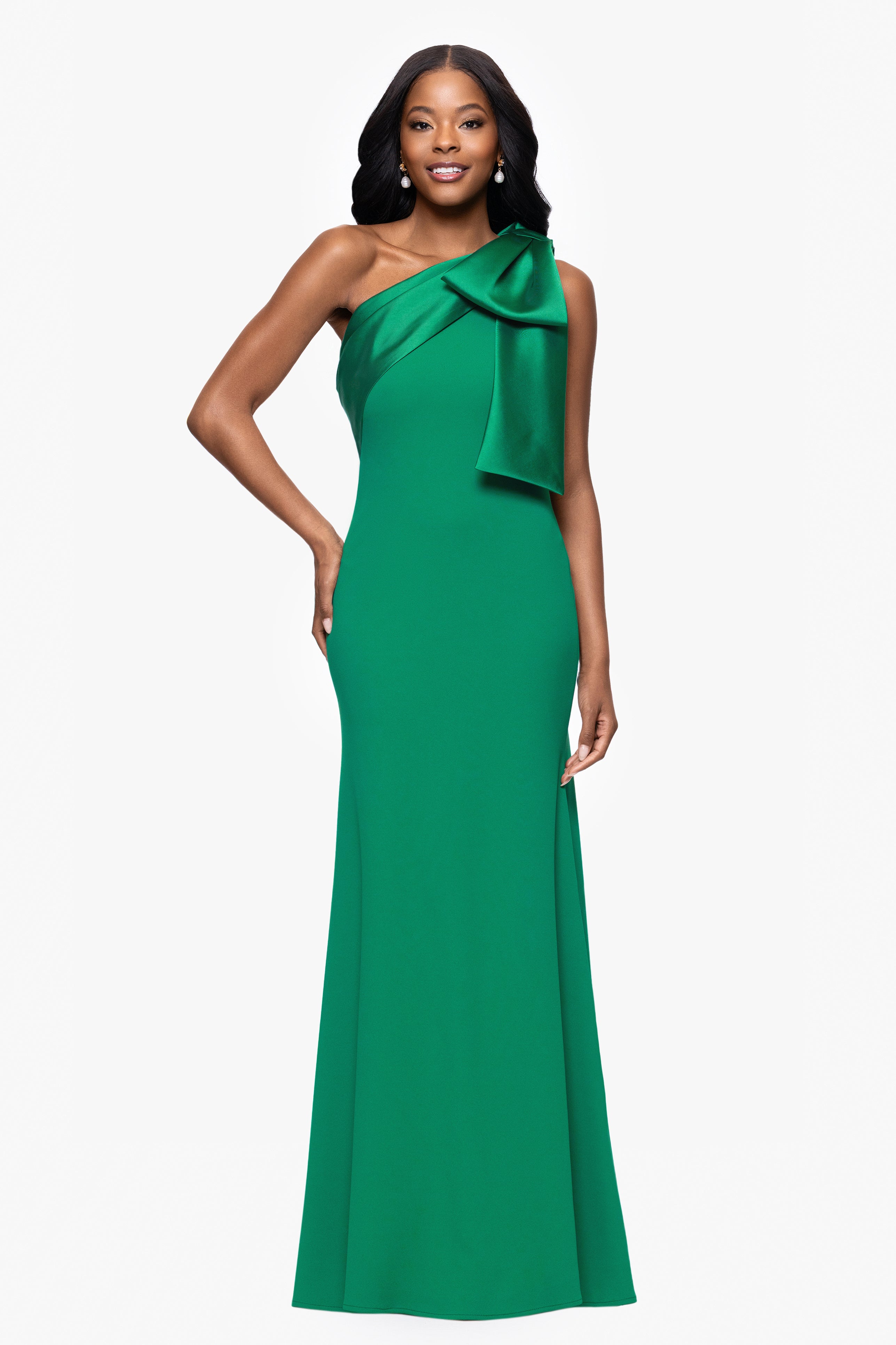 "Carmela" Long Scuba Crepe Dress with Satin Bow