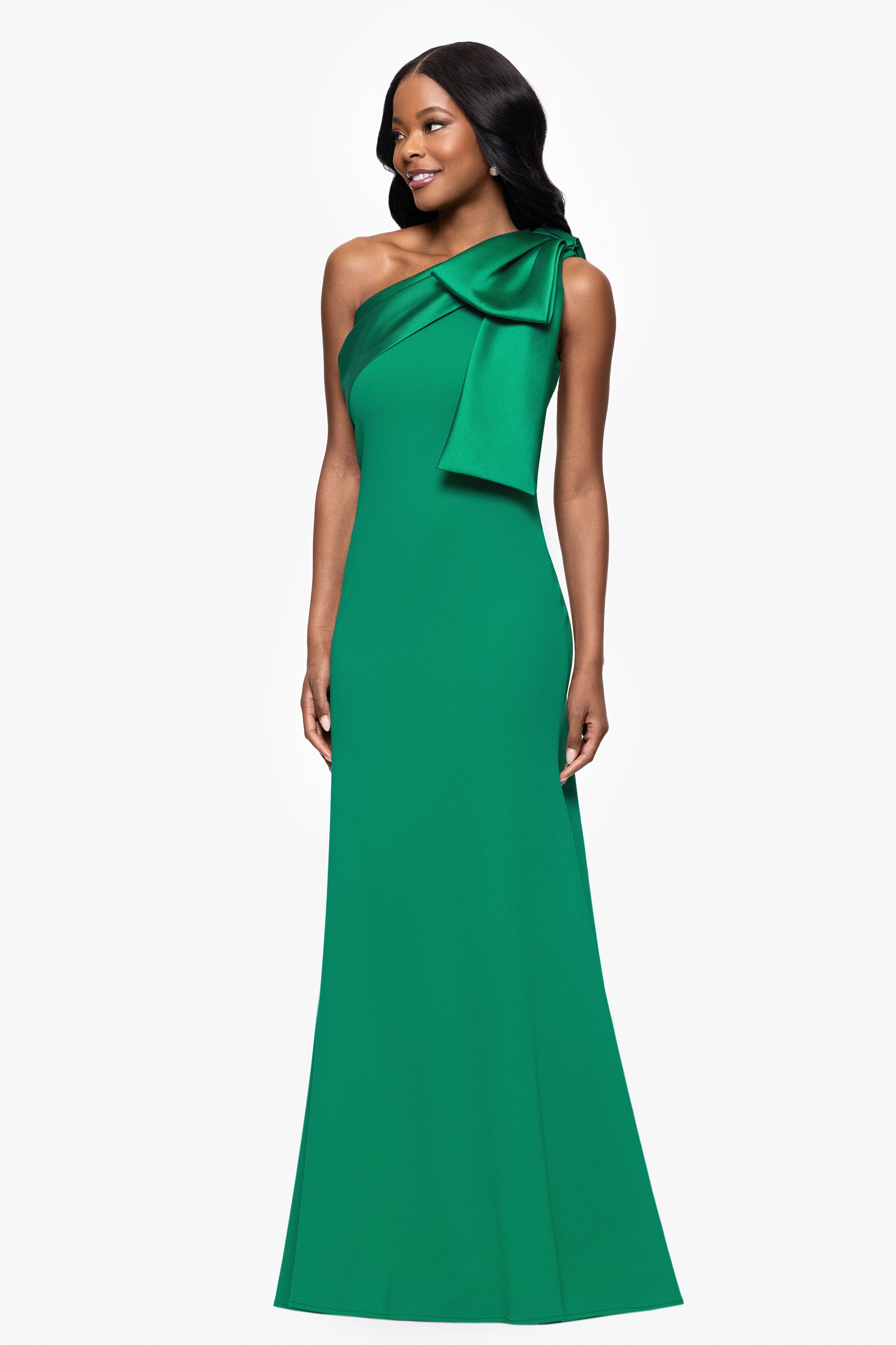 "Carmela" Long Scuba Crepe Dress with Satin Bow