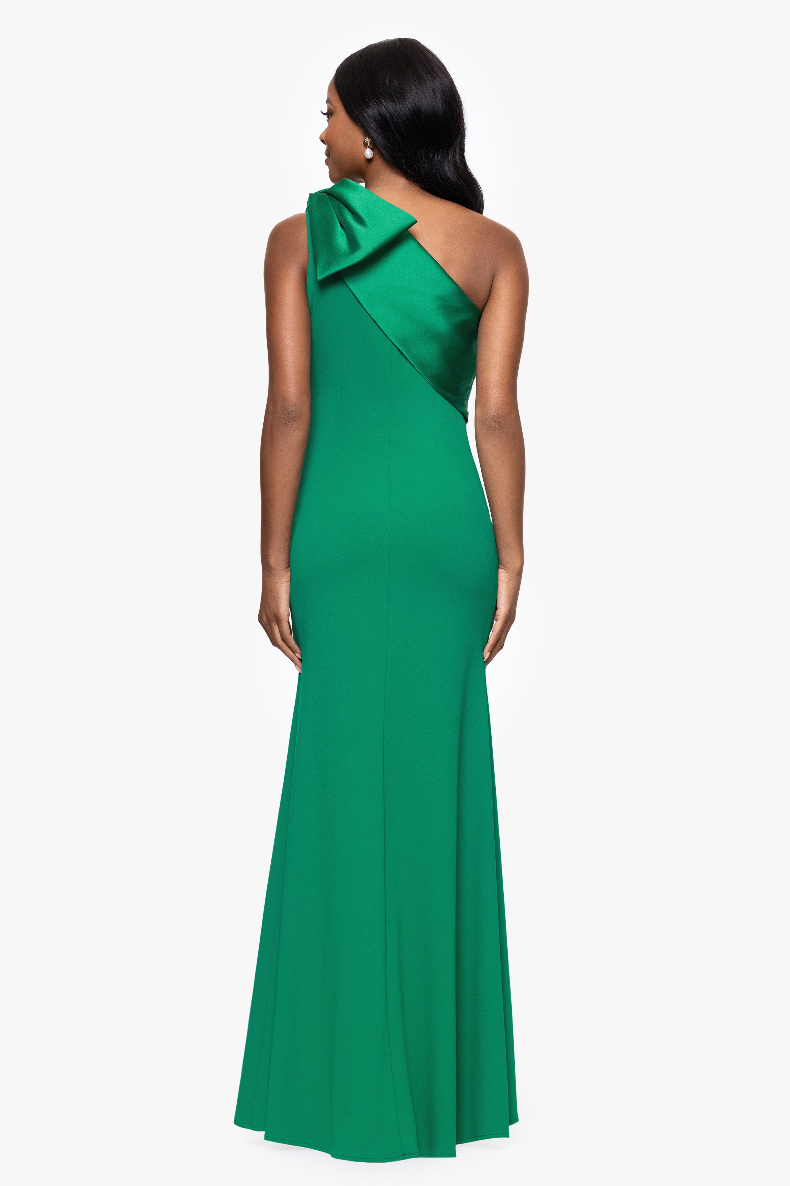 "Carmela" Long Scuba Crepe Dress with Satin Bow