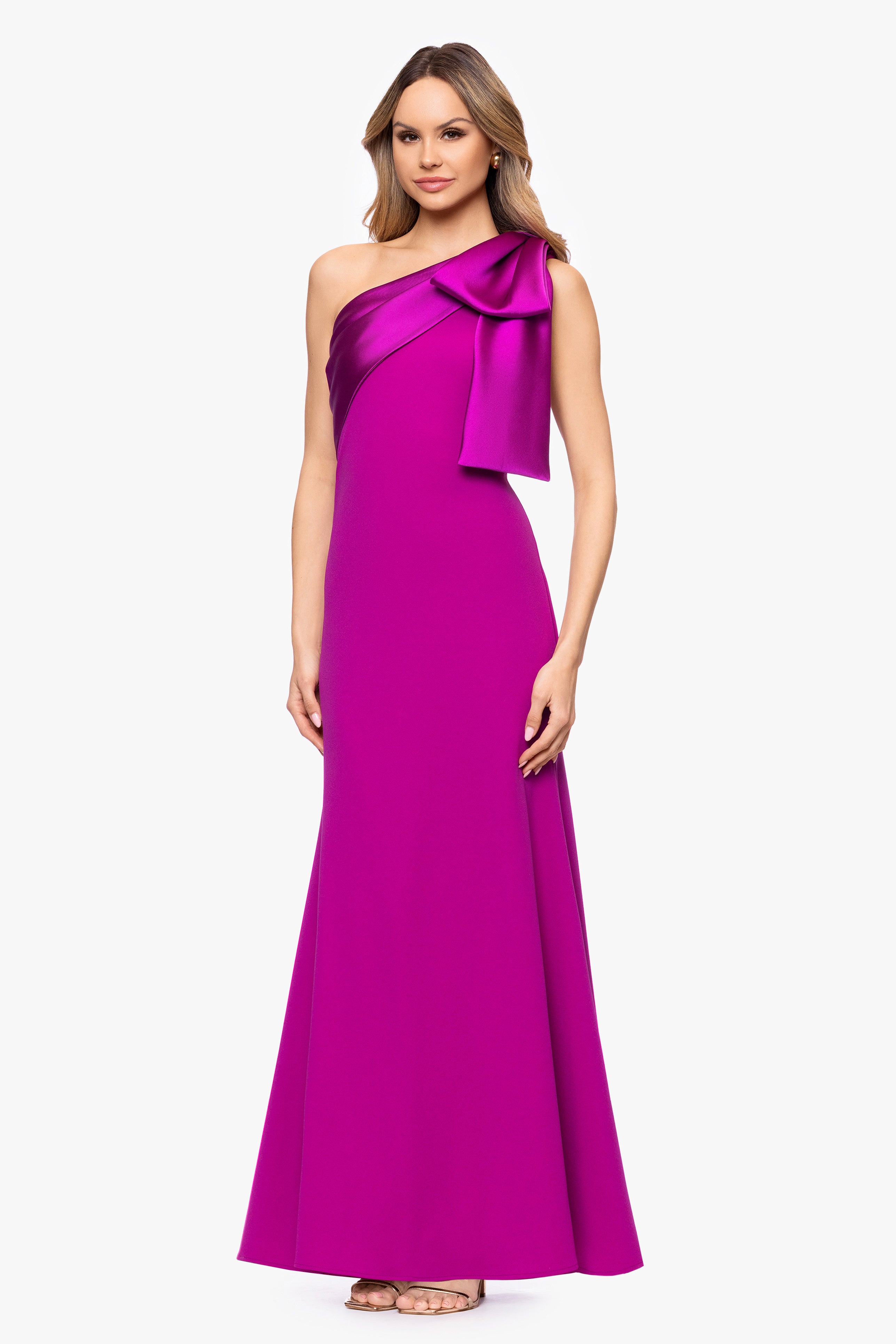 "Carmela" Long Scuba Crepe Dress with Satin Bow