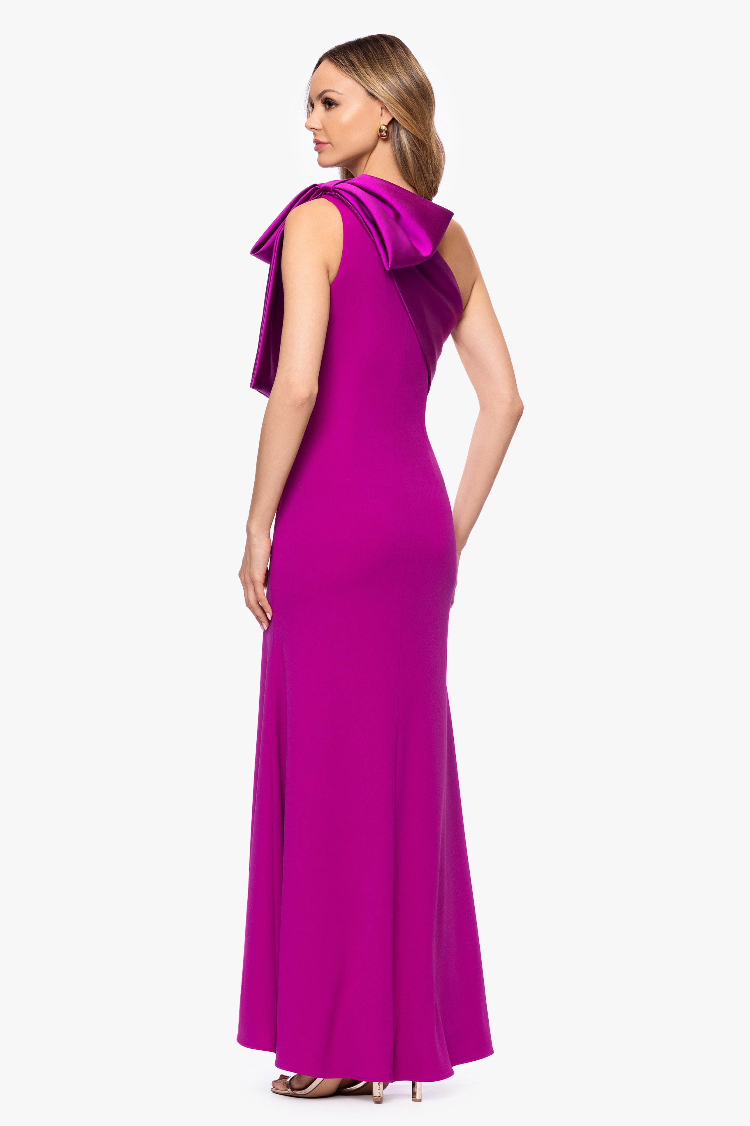"Carmela" Long Scuba Crepe Dress with Satin Bow