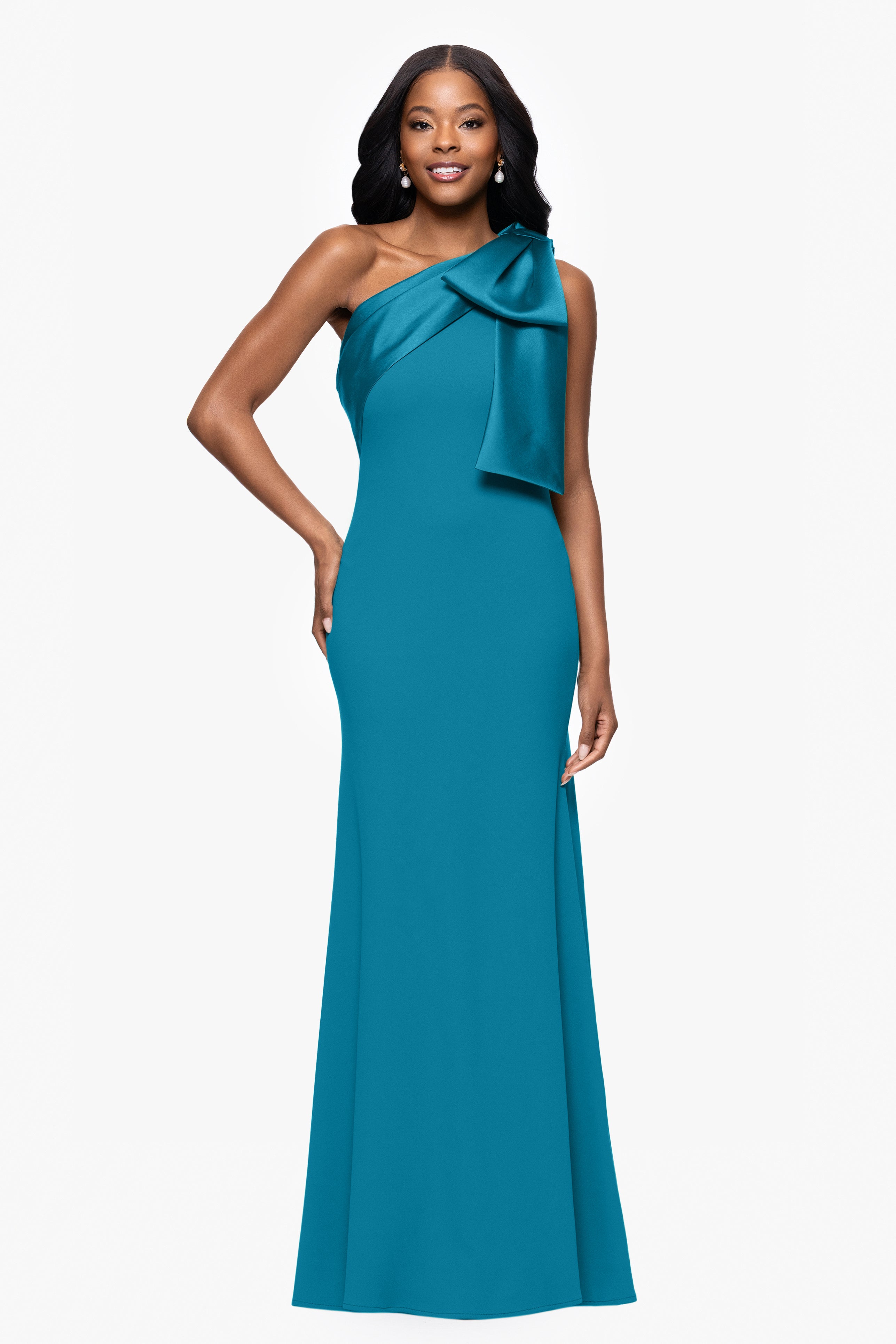 "Carmela" Long Scuba Crepe Dress with Satin Bow