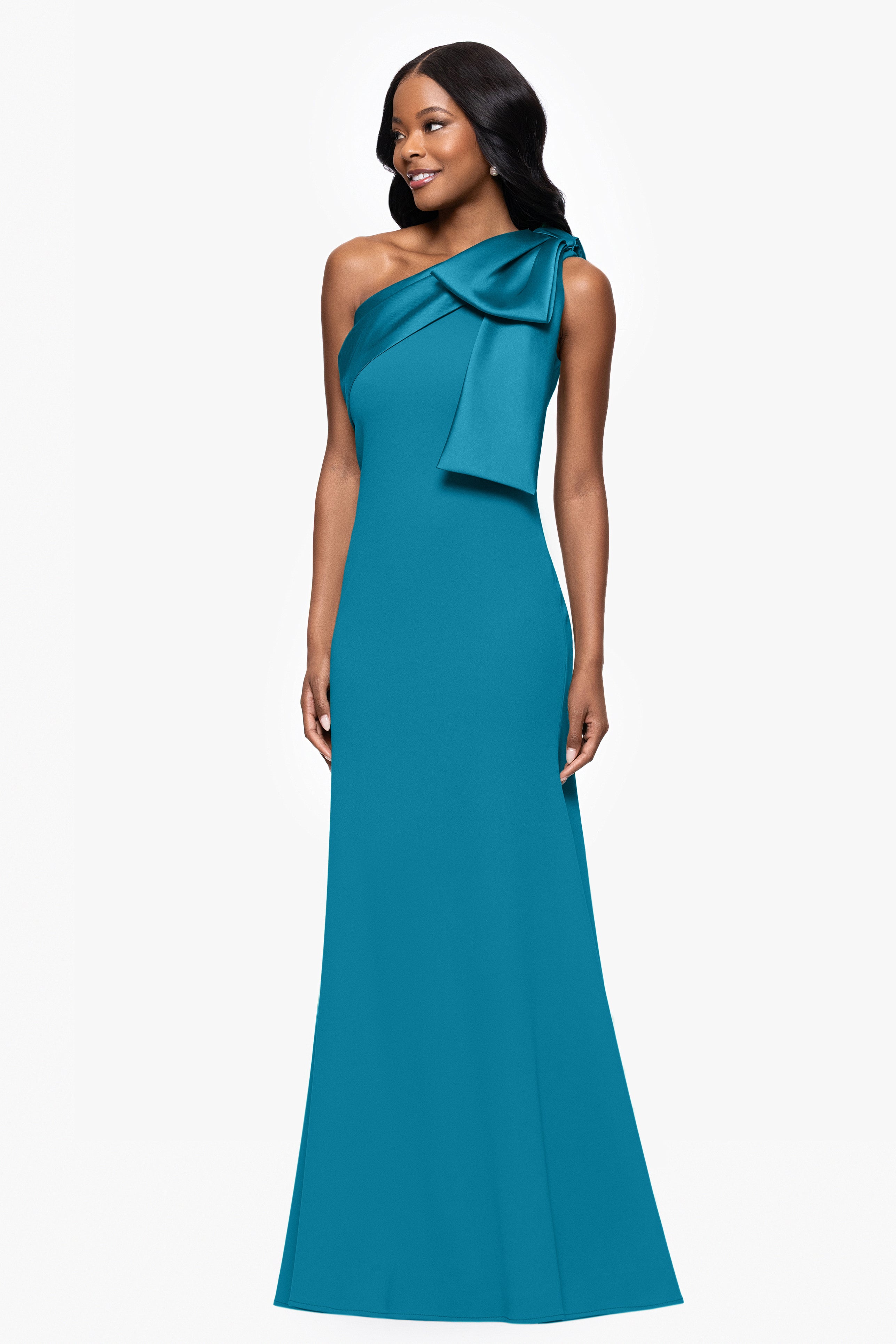 "Carmela" Long Scuba Crepe Dress with Satin Bow