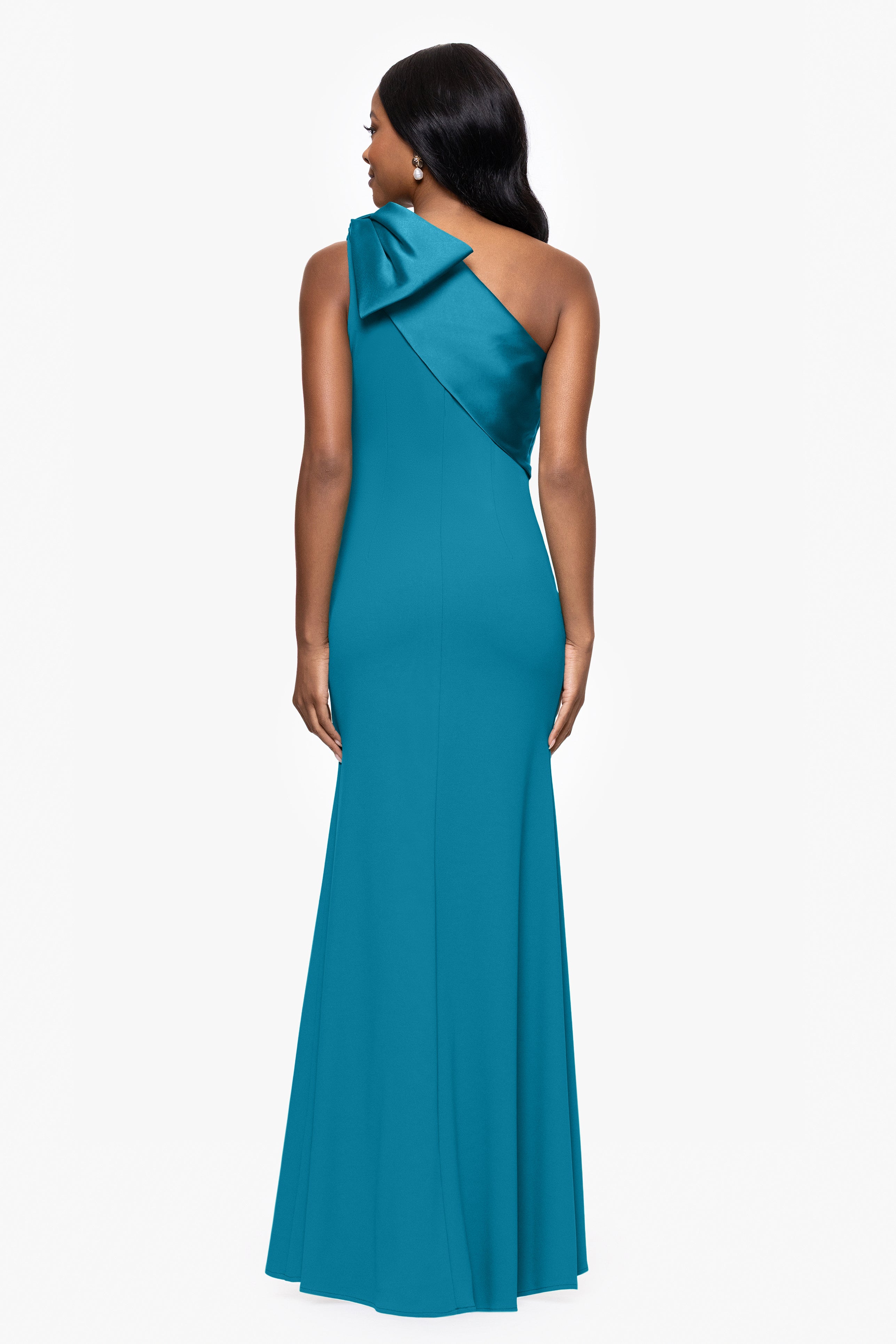 "Carmela" Long Scuba Crepe Dress with Satin Bow