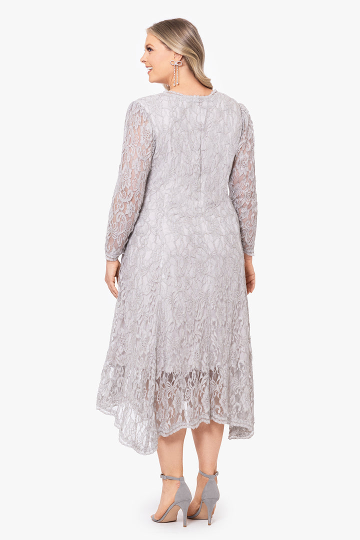 Plus "Jodi" Long Sleeve Lace Asymmetrical Hem Midi Dress