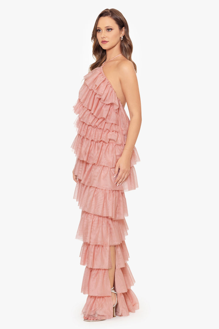 "Molly" Long Multiple Tiered Mesh Tie Neck Dress