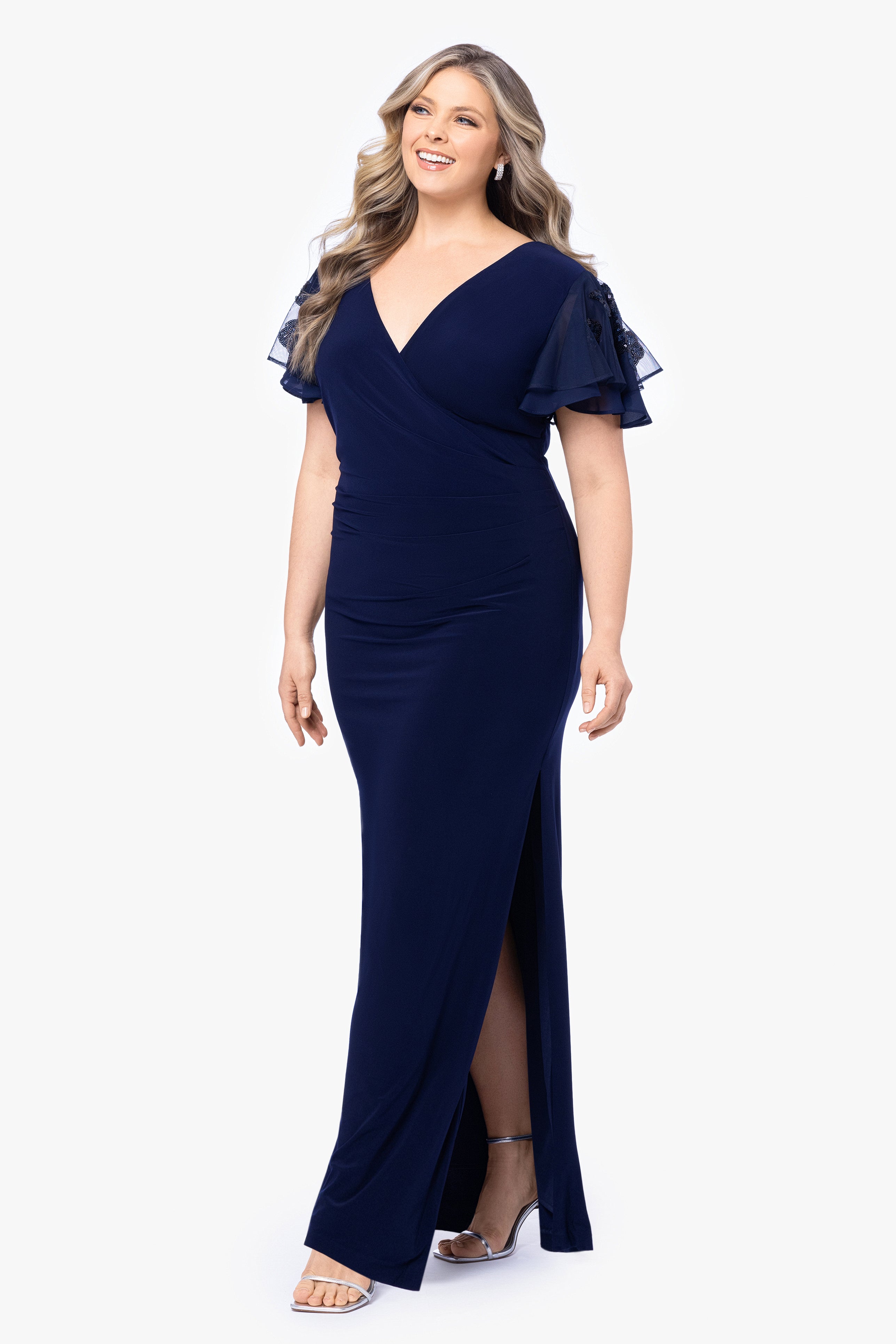 Plus "Jennifer" Long Jersey Knit Sequin Sleeve Dress