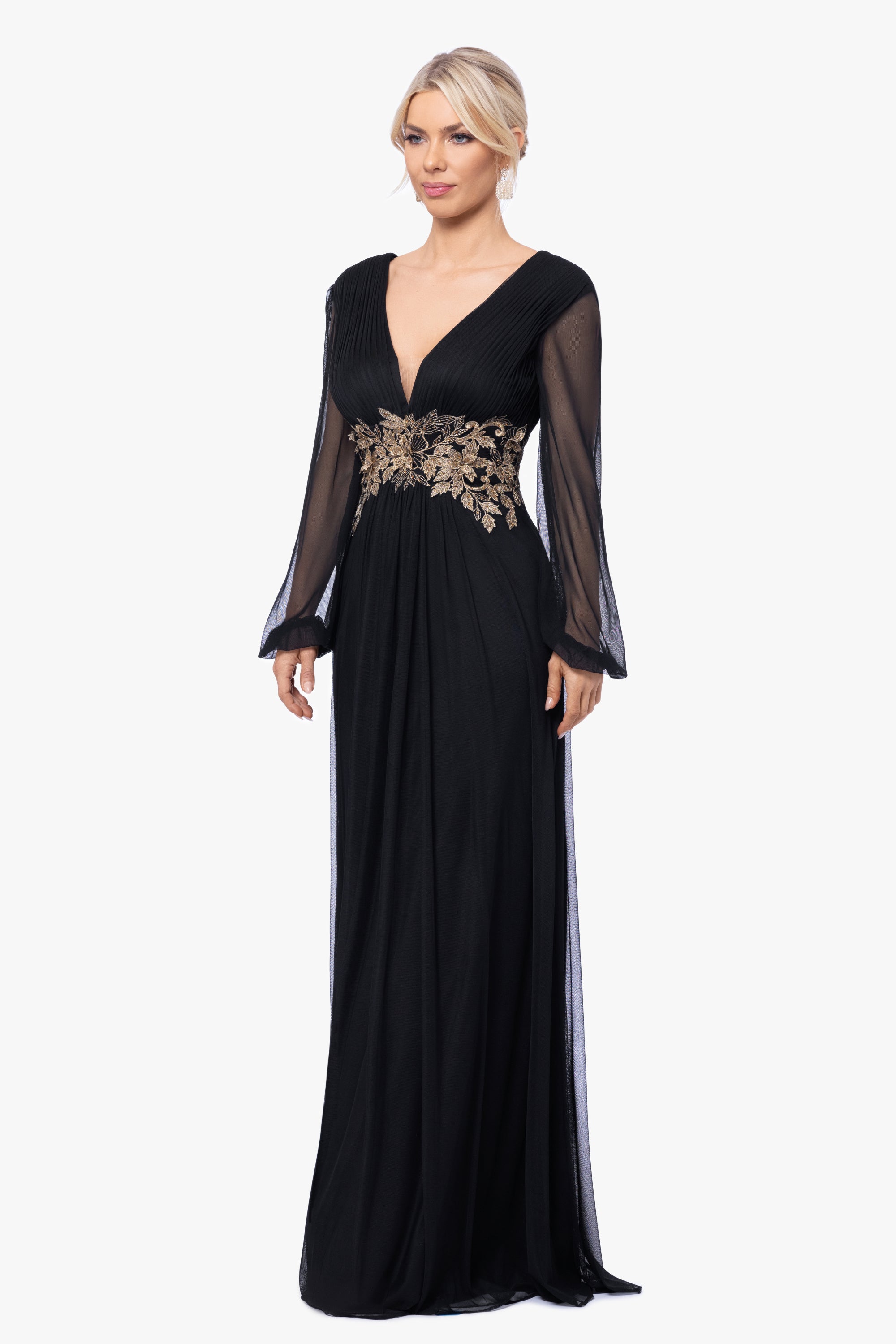 "Rebecca" Long Sleeve Mesh Floor Length Gown