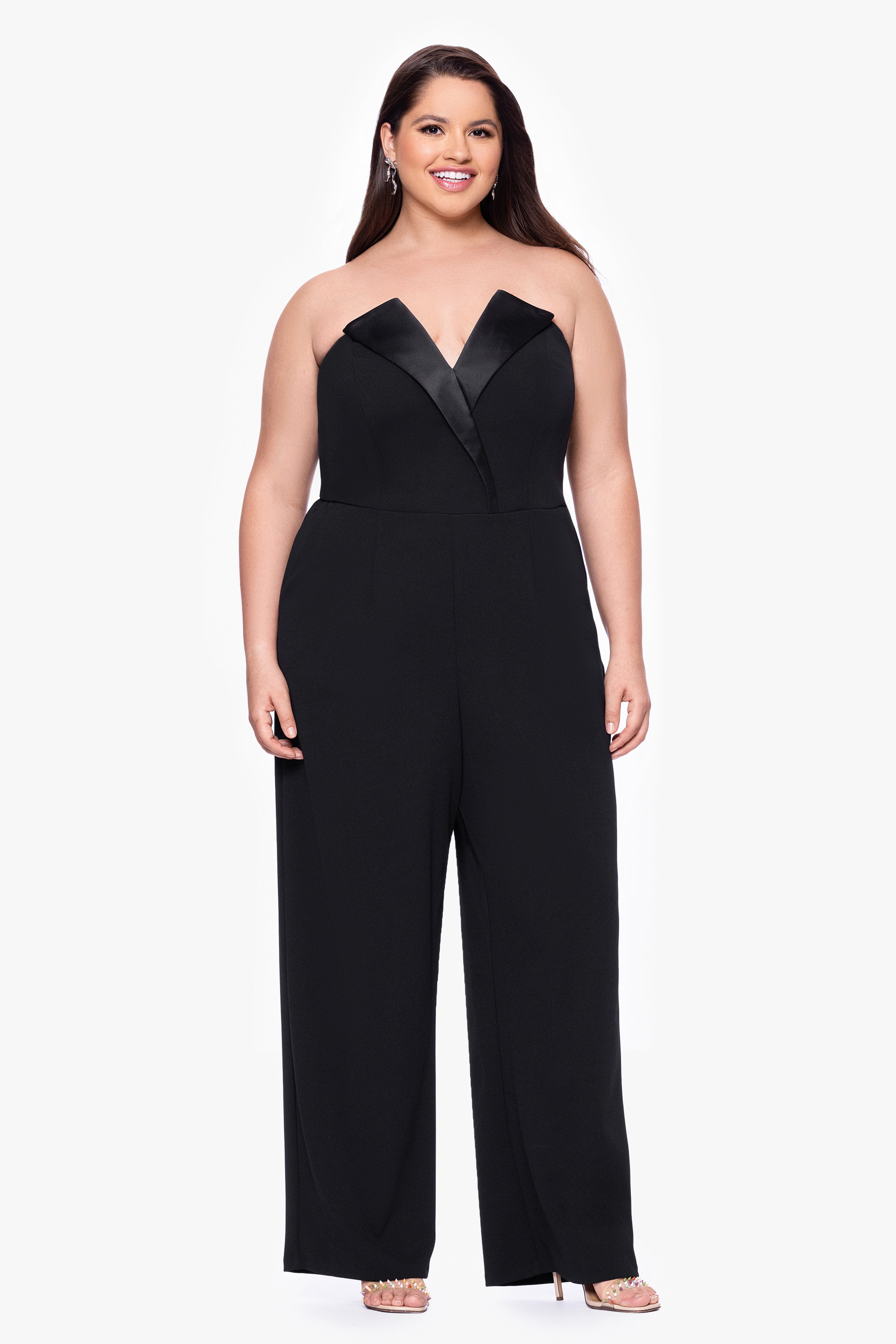 Plus "Tasha" Long Strapless Tuxedo Jumpsuit