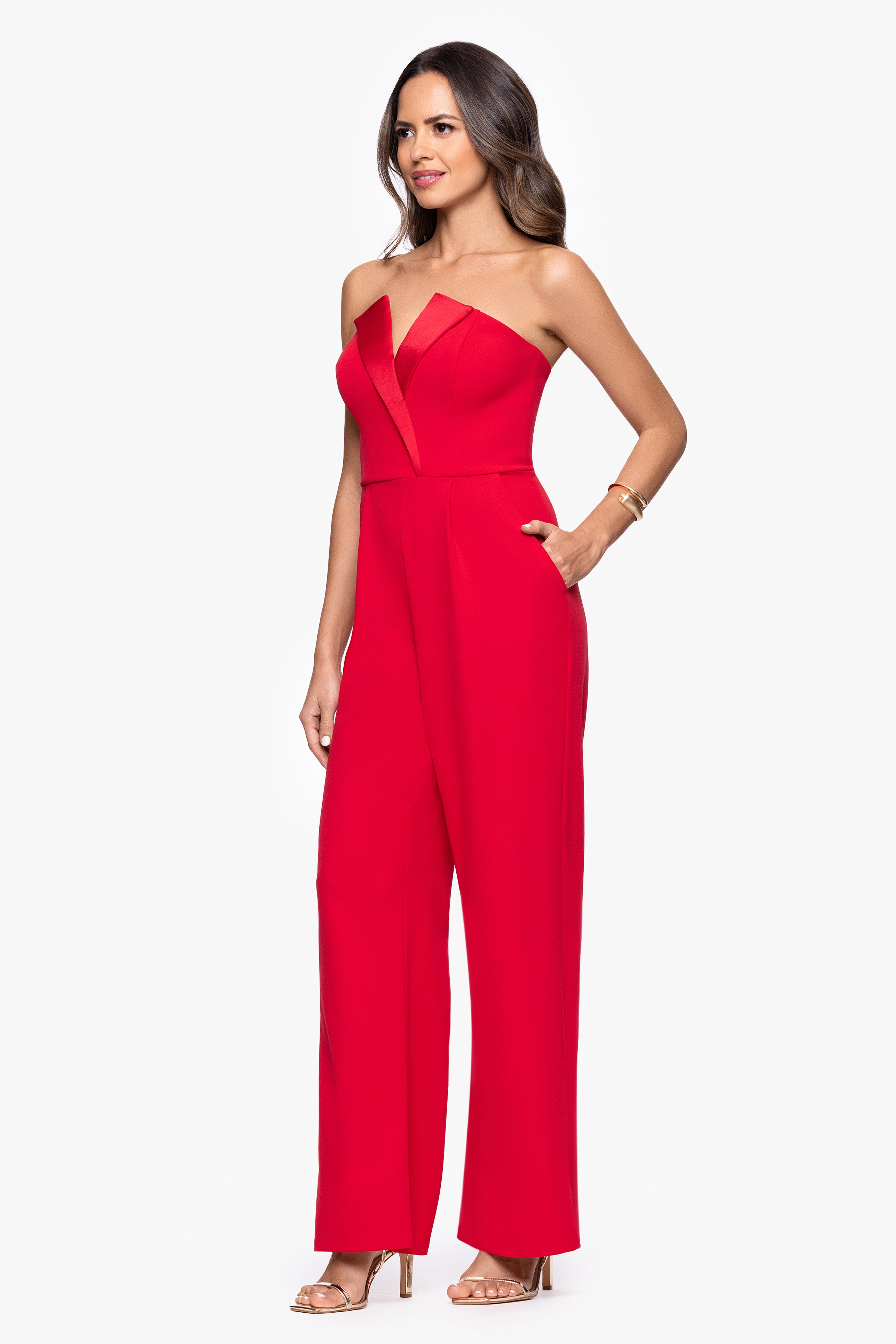 "Tasha" Long Strapless Tuxedo Jumpsuit
