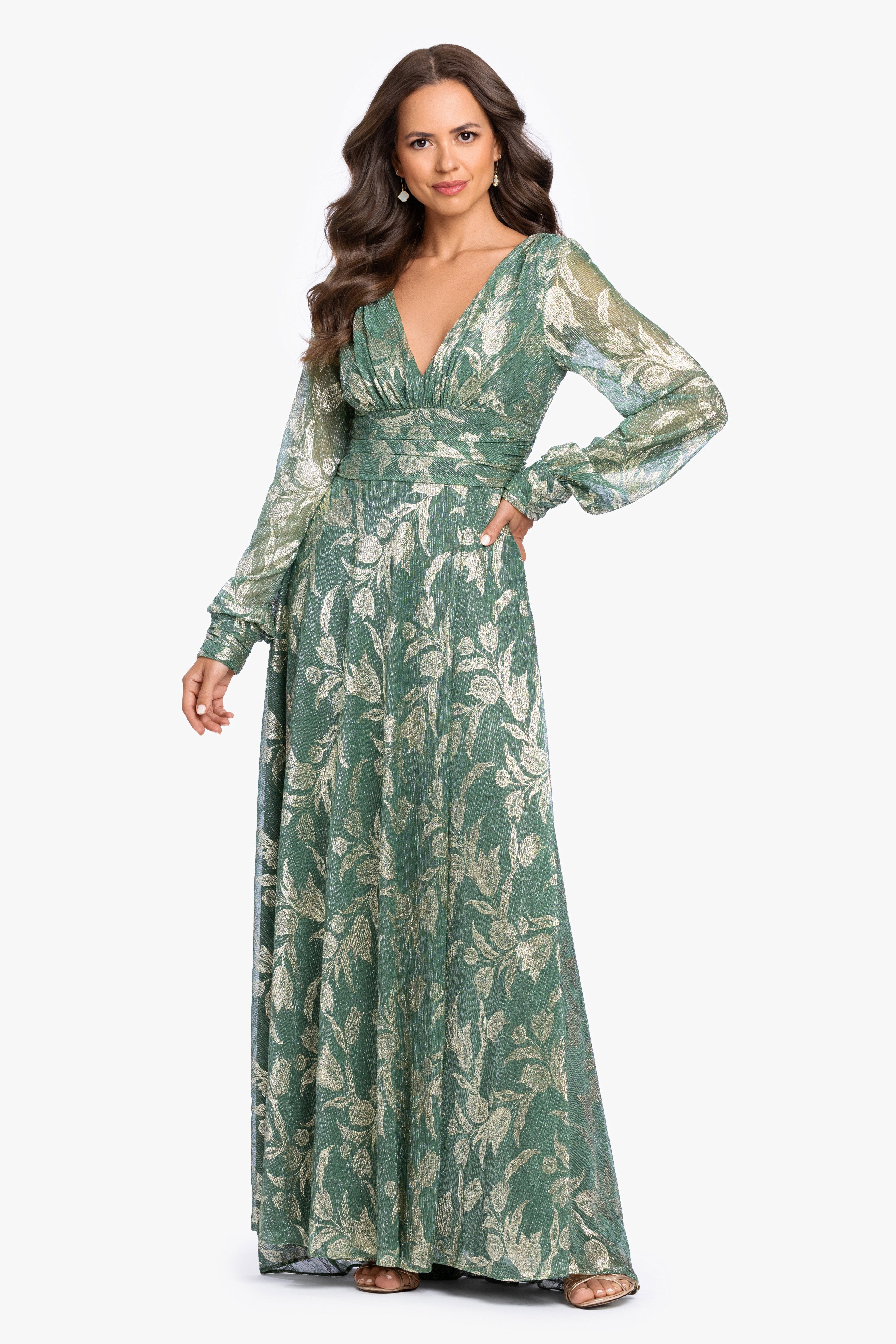 "Molly" Metallic Foil Crinkle Long Sleeve V-Neck Long Dress