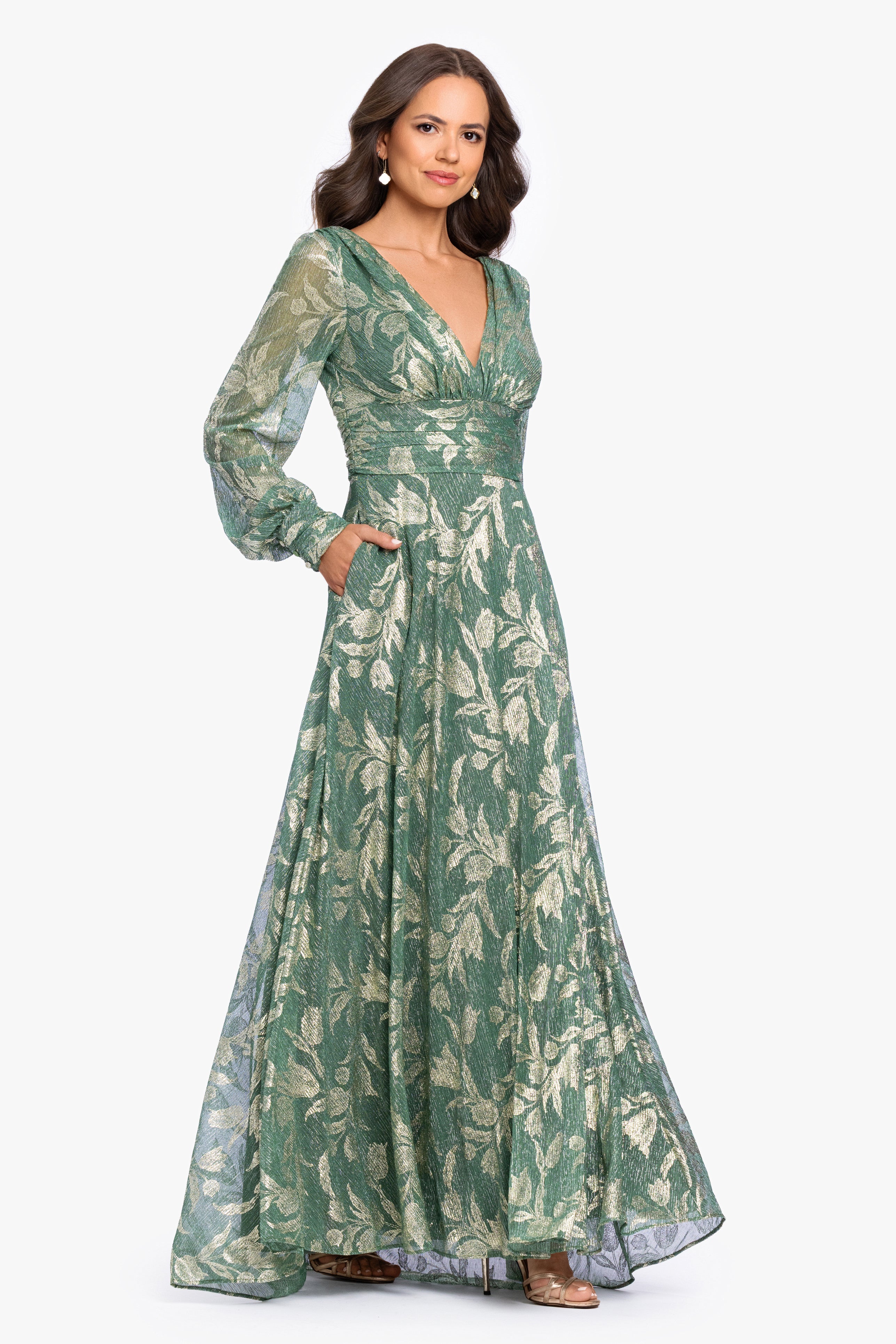 “Molly” Metallic Long Sleeve V-Neck Dress