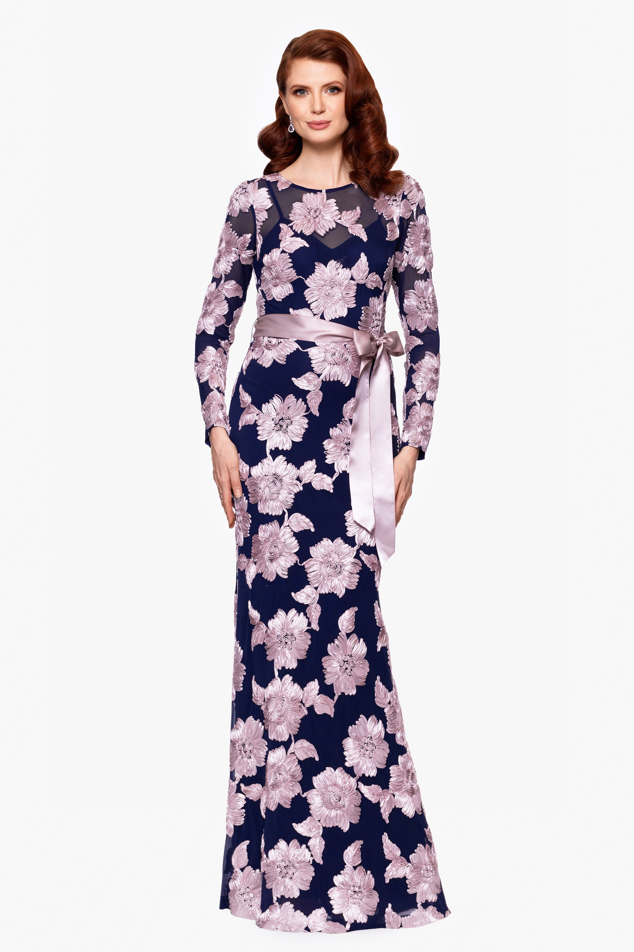 "Juliana" Soutache Mesh Long Sleeve Floor Length Dress