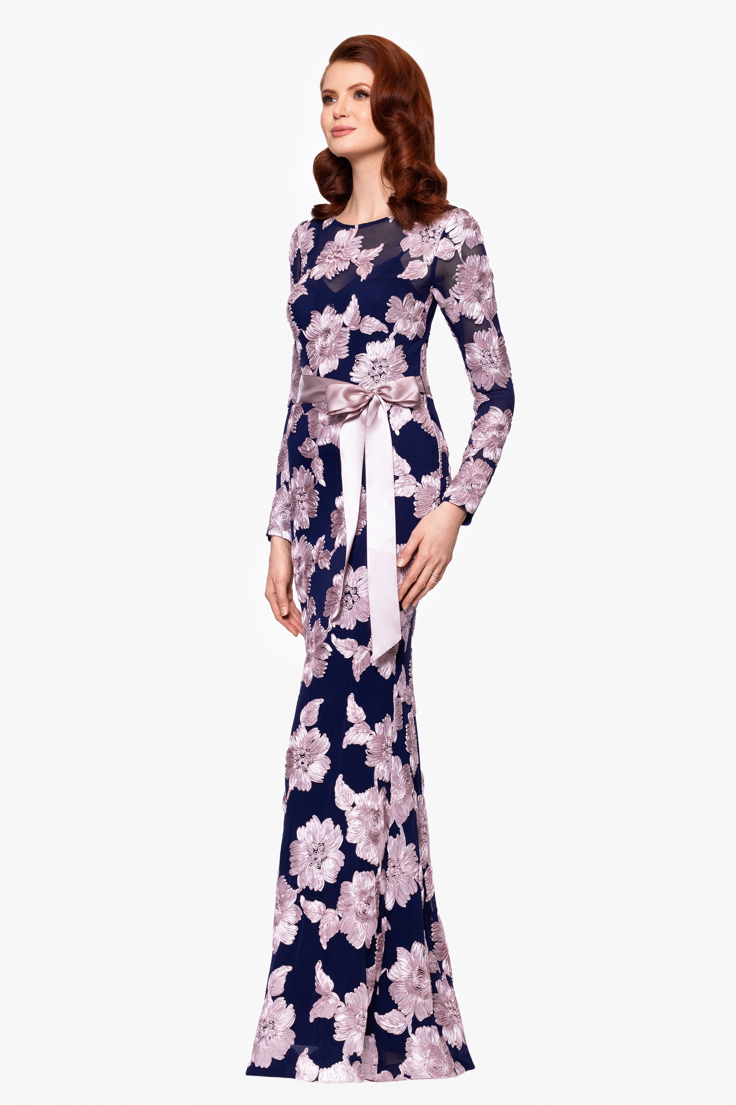 "Juliana" Soutache Mesh Long Sleeve Floor Length Dress