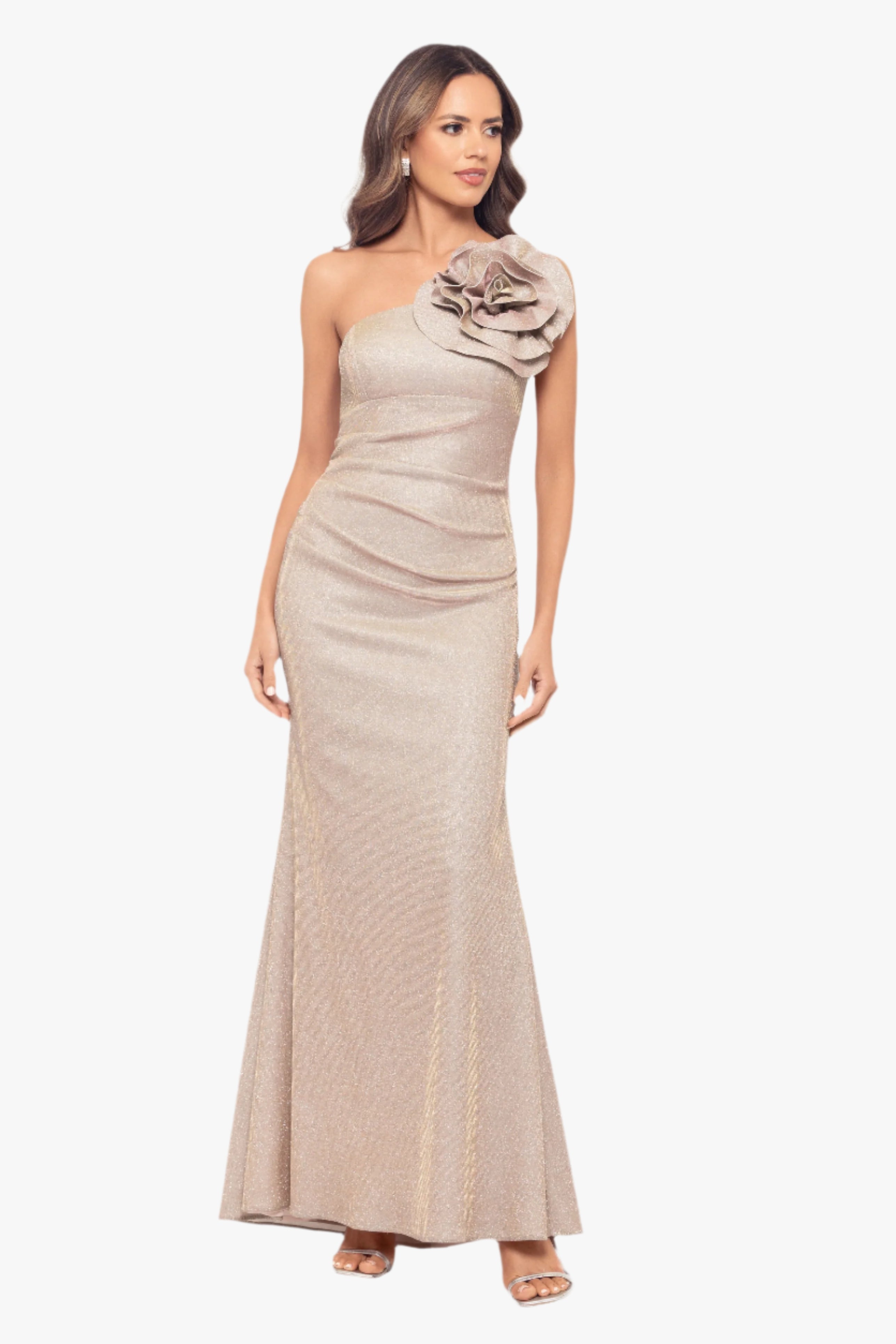 "Phoebe" Galaxy Knit One Shoulder Flower Floor Length Dress