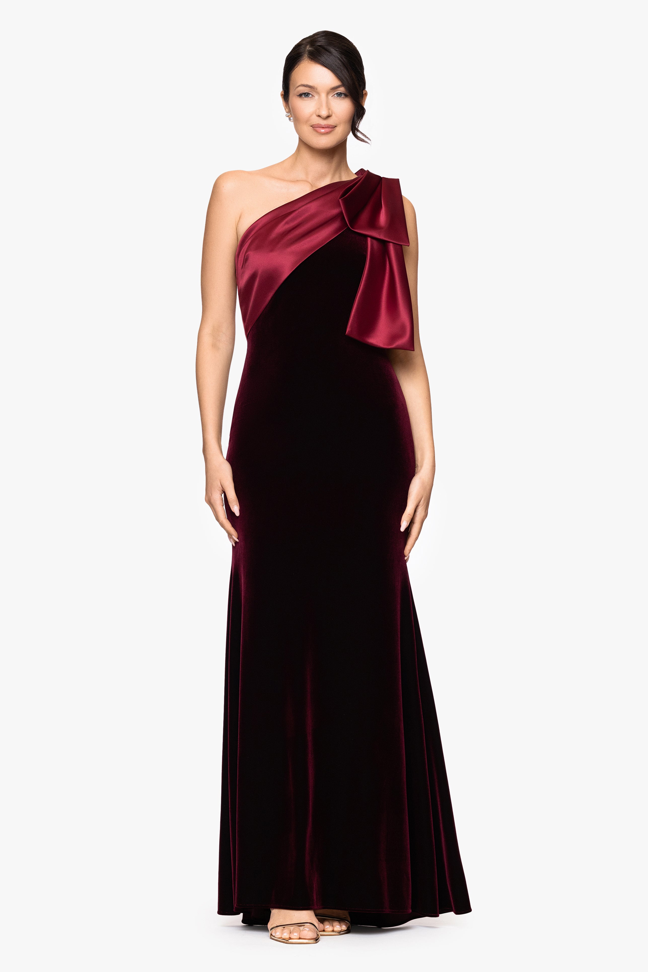 "Elena" Velvet One Shoulder Satin Bow Neckline Floor Length Dress