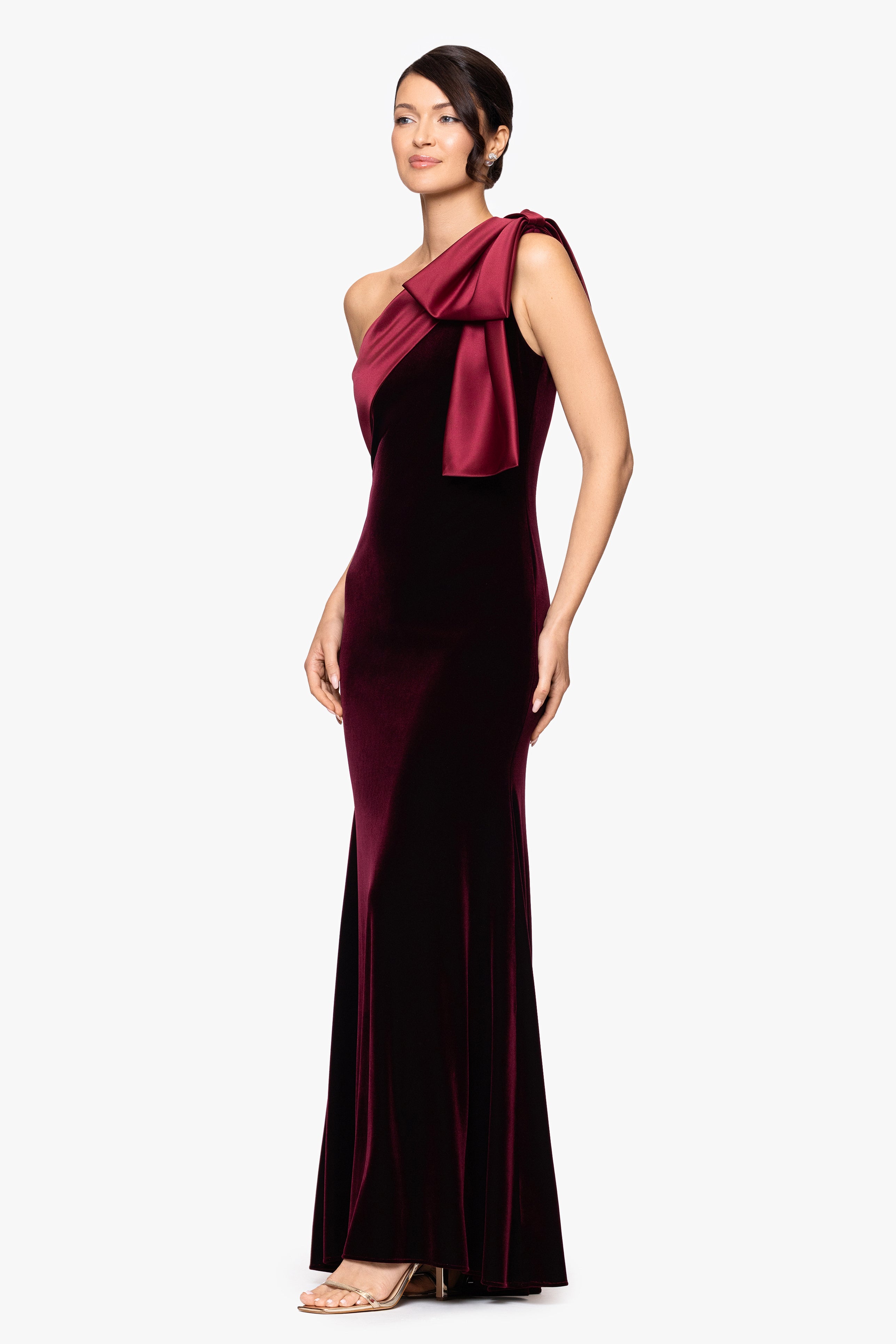 "Elena" Velvet One Shoulder Satin Bow Neckline Floor Length Dress