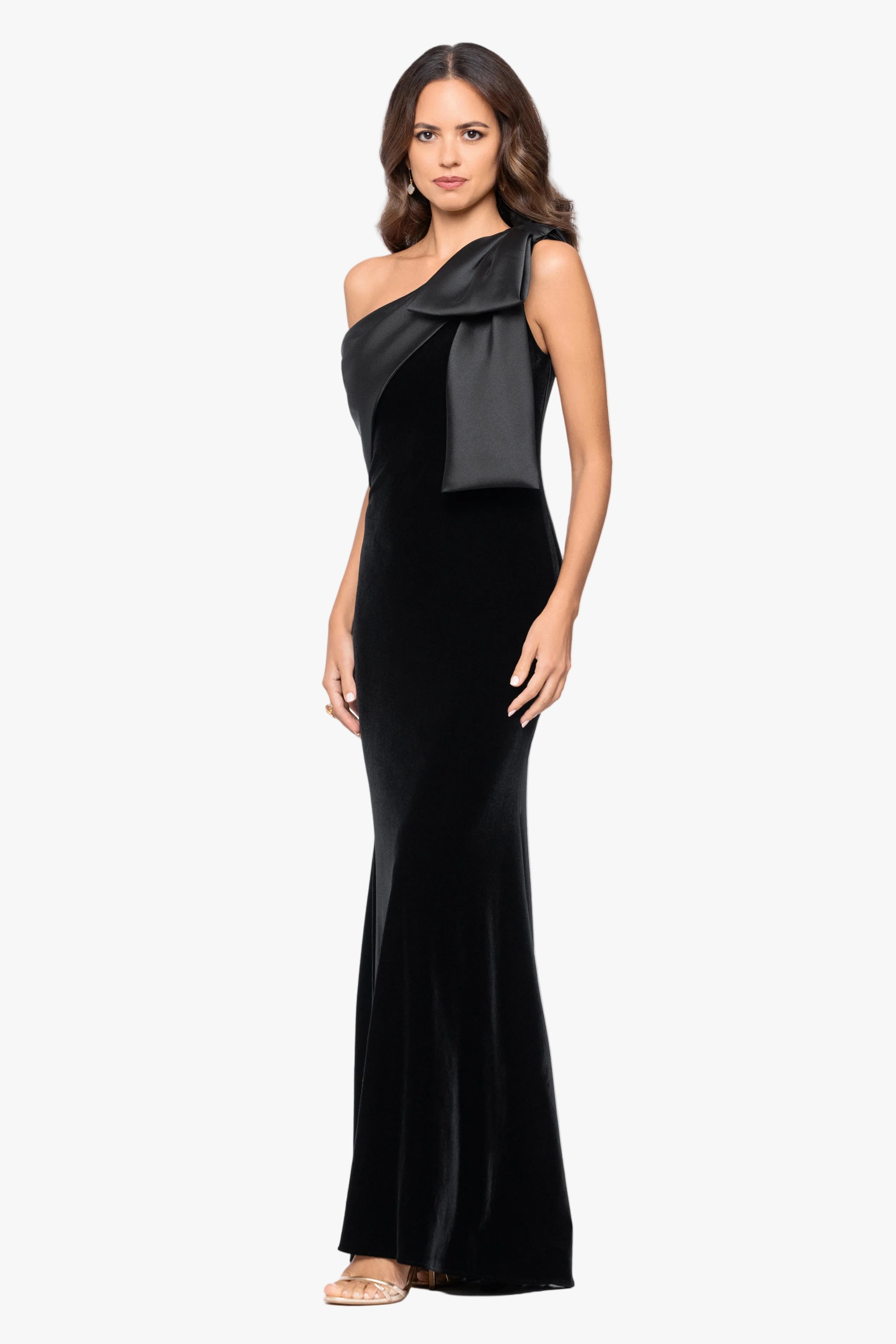 "Elena" Velvet One Shoulder & Mikado Bow Dress