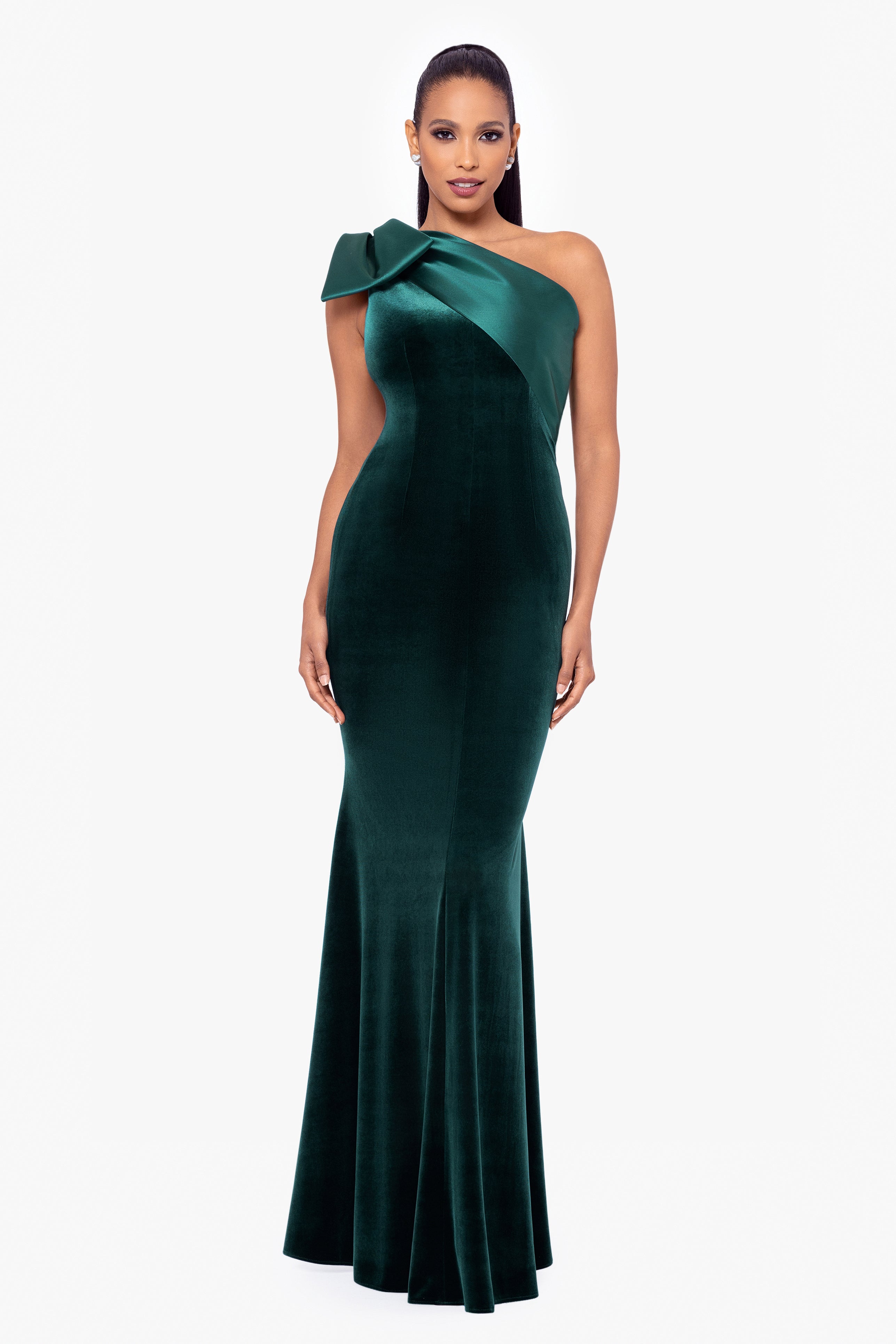 "Elena" Velvet One Shoulder & Mikado Bow Dress