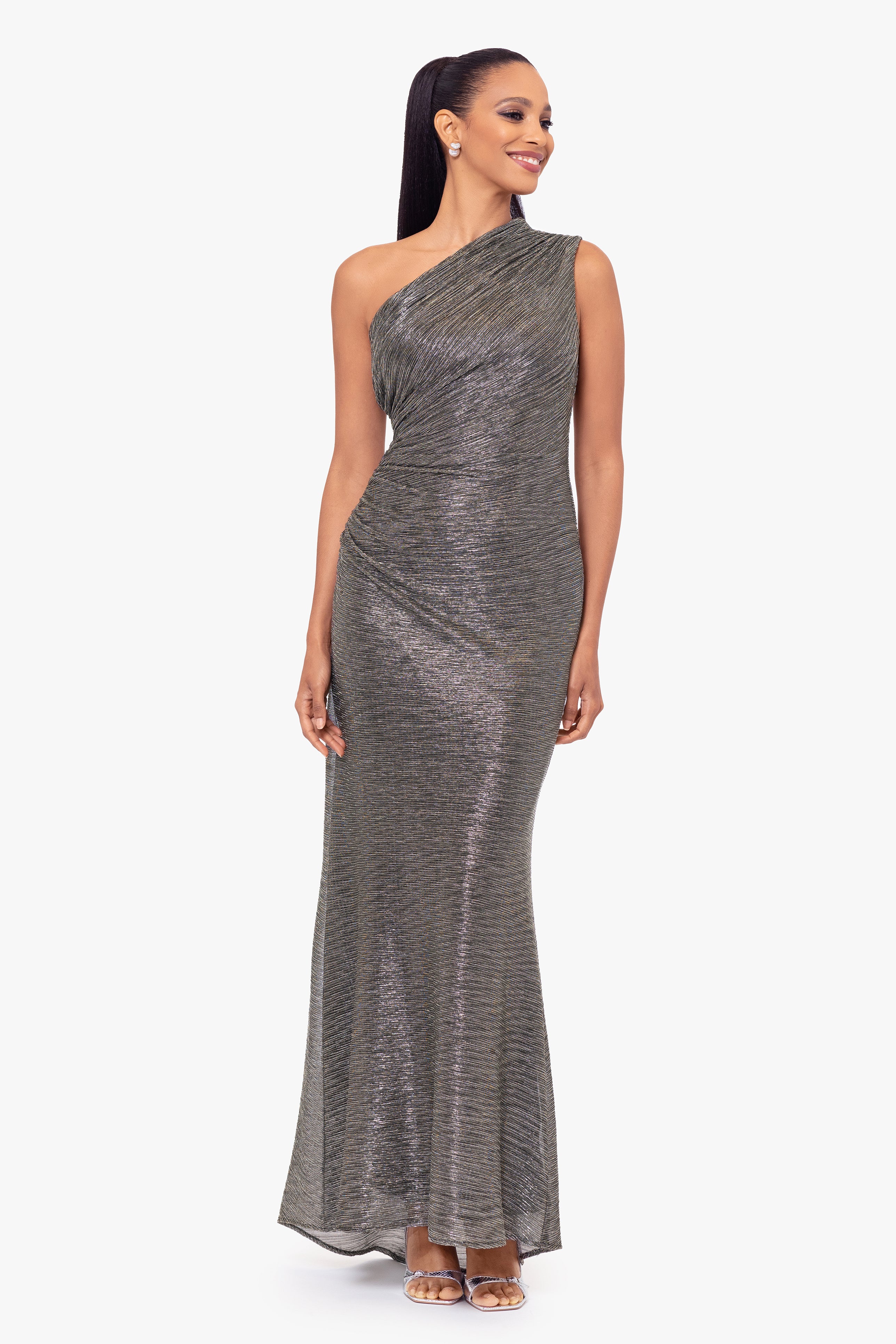 "Bayley" Metallic One Shoulder Floor Length Dress