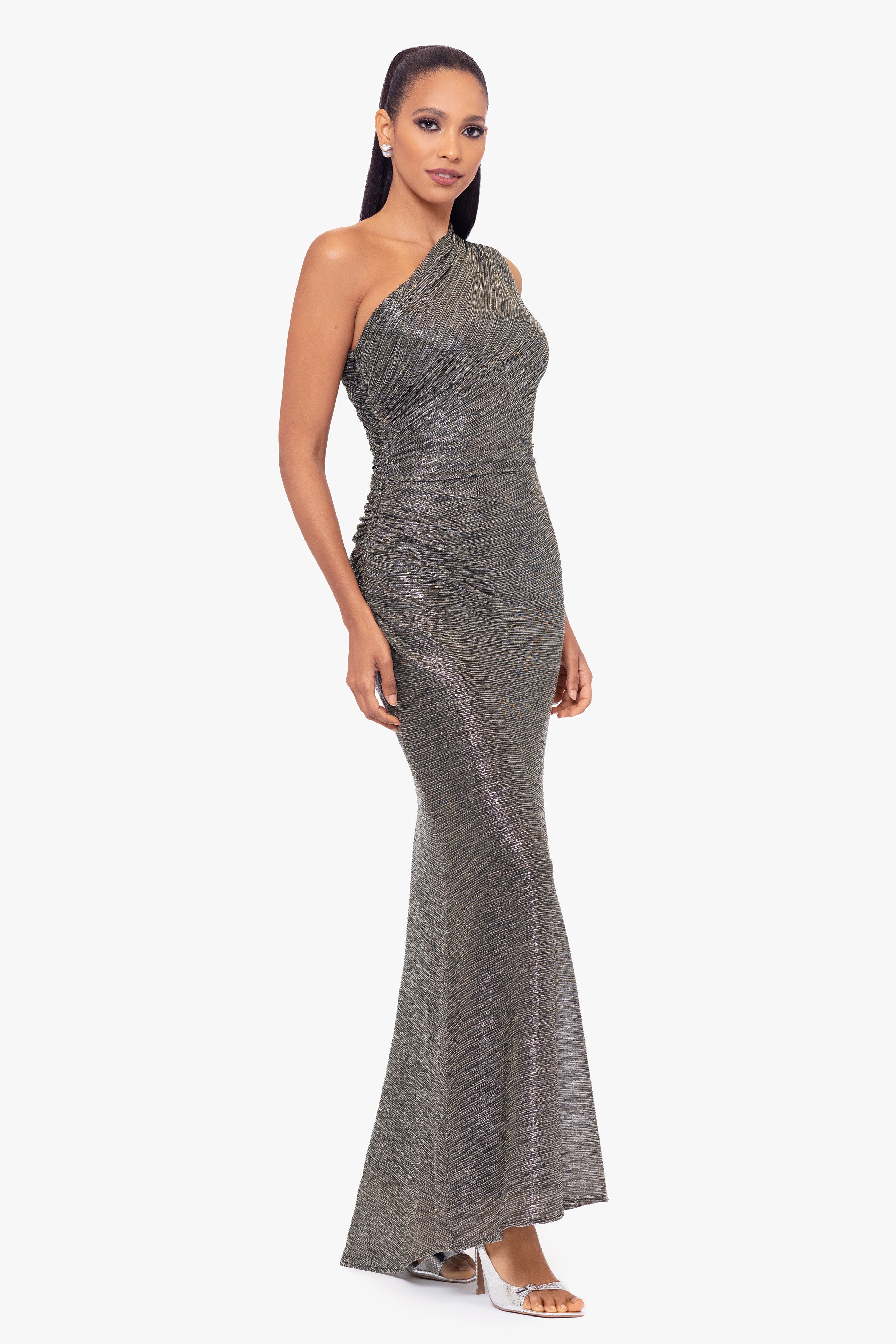 "Bayley" Metallic One Shoulder Floor Length Dress