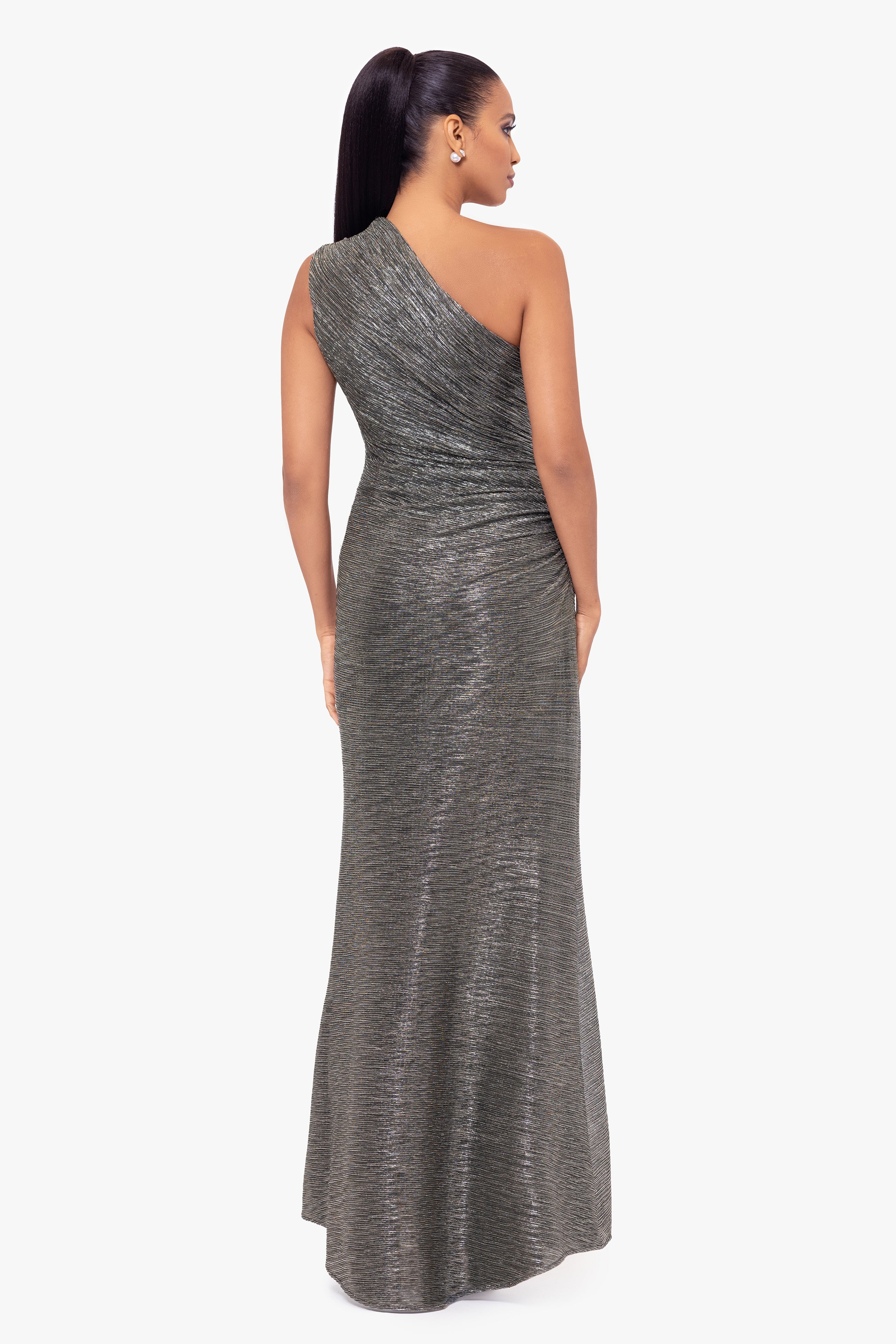 "Bayley" Metallic One Shoulder Floor Length Dress