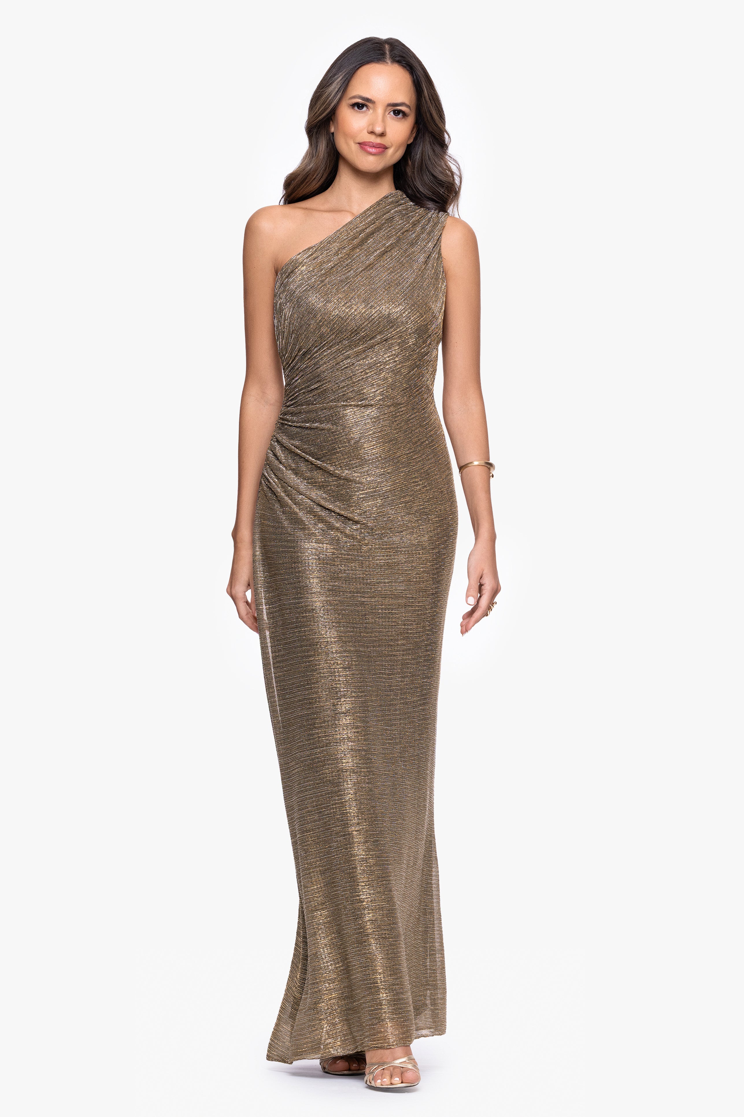 "Bayley" Metallic One Shoulder Floor Length Dress
