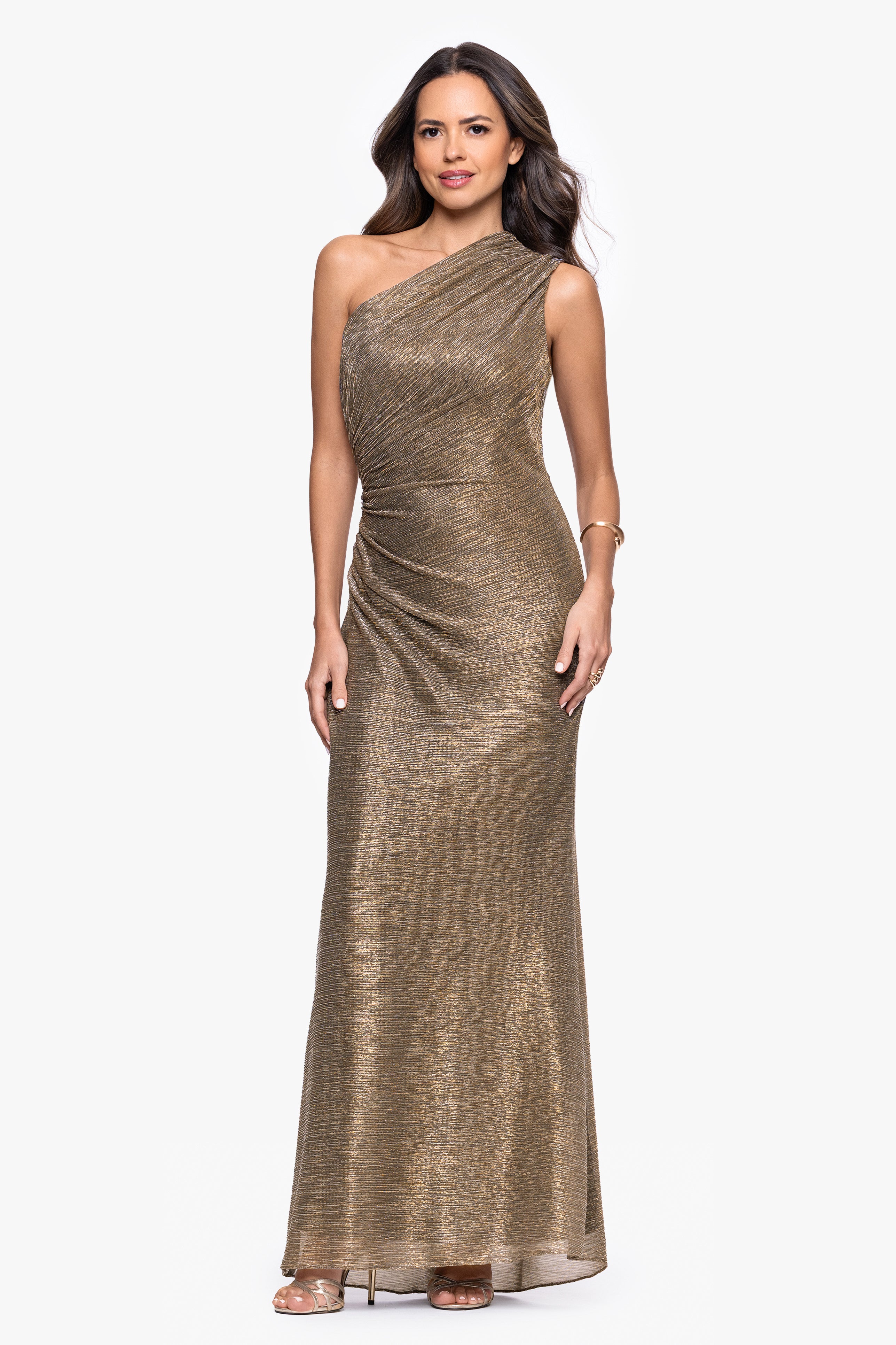 "Bayley" Metallic One Shoulder Floor Length Dress
