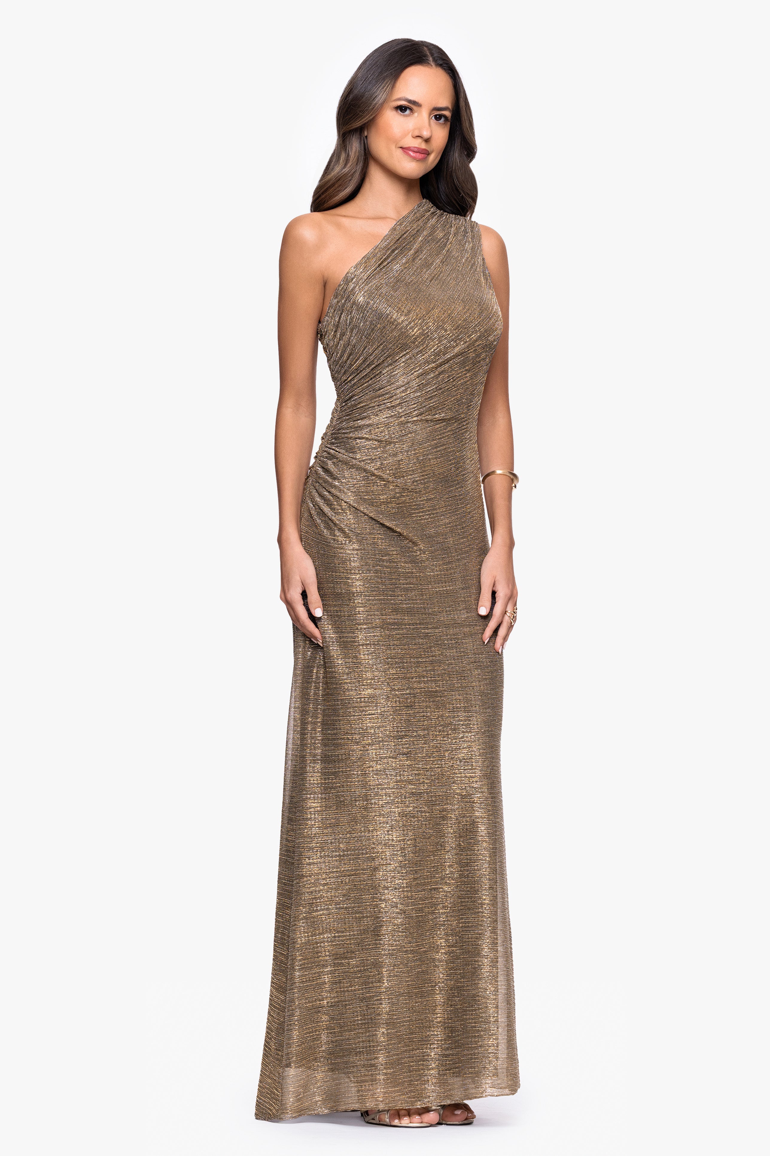 "Bayley" Metallic One Shoulder Floor Length Dress