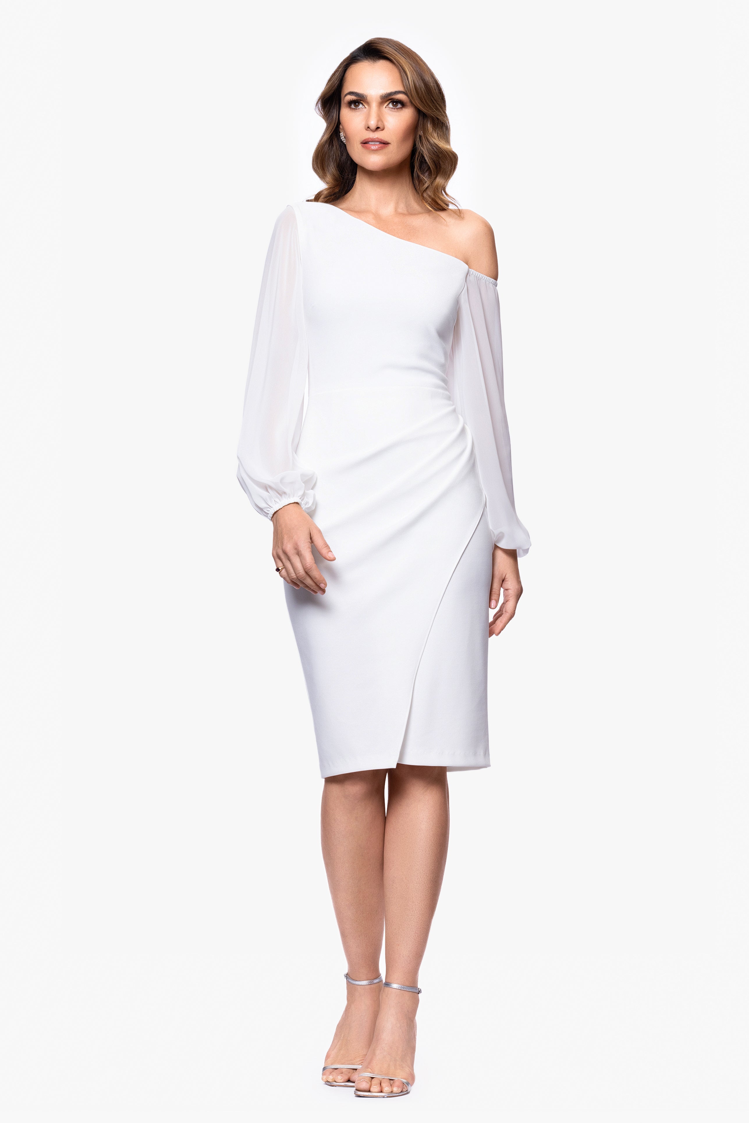 "Alara" Knee Length Off the Shoulder Mesh Long Sleeve Scuba Crepe Dress