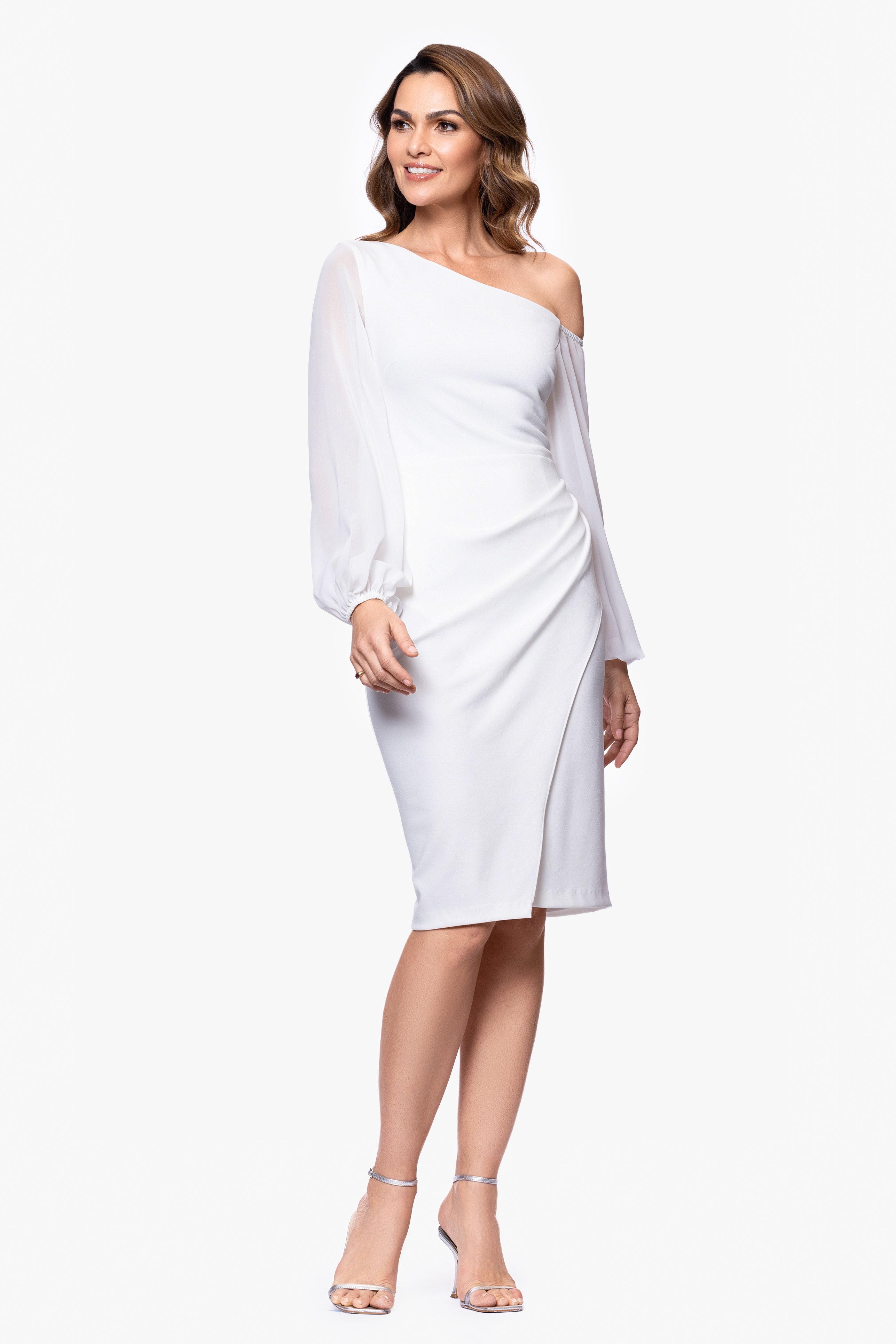 "Alara" Knee Length Off the Shoulder Mesh Long Sleeve Scuba Crepe Dress